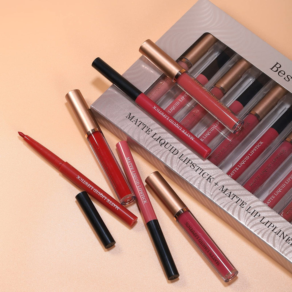 BestLand 12Pcs Matte Liquid Lipstick + Lip Liner Pens Set, Velvety Nude Lip Stain Waterproof Long Wear Makeup Gift Set