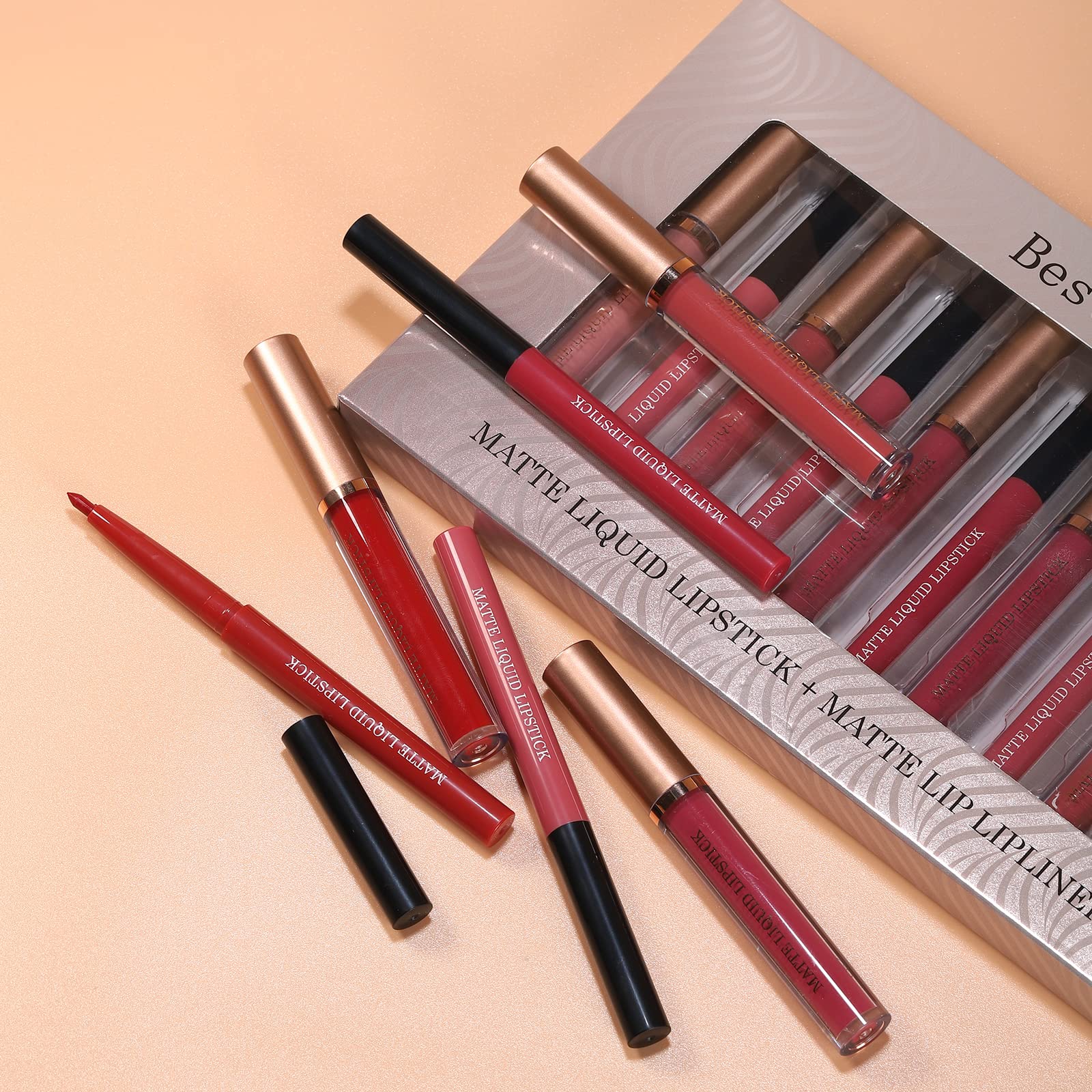 BestLand 12Pcs Matte Liquid Lipstick + Lip Liner Pens Set, Velvety Nude Lip Stain Waterproof Long Wear Makeup Gift Set