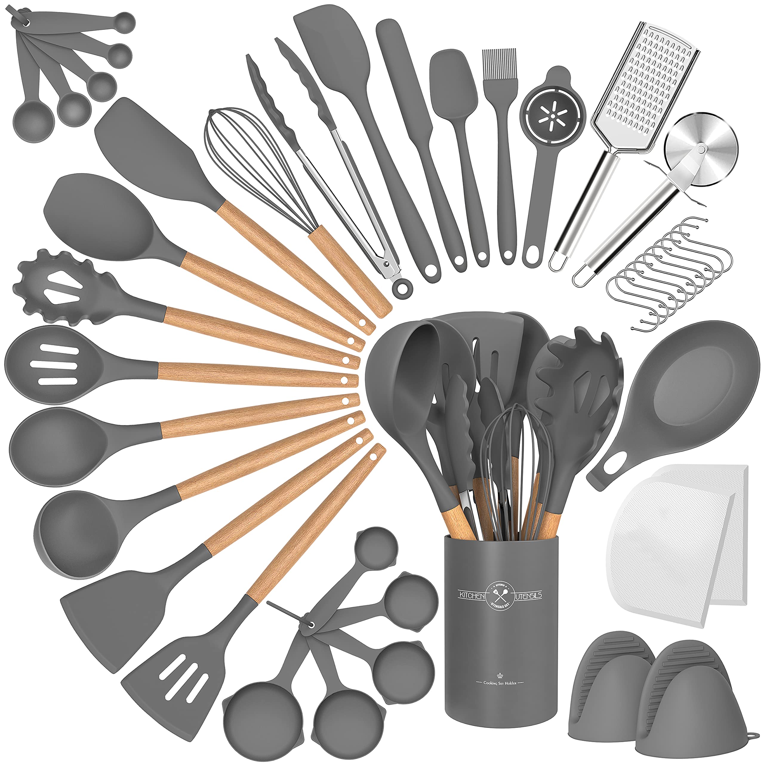 Juego de utensilios de cocina de silicona, 43 piezas antiadherentes resistentes al calor, juego de espátulas con mango de madera para hornear, cocinar y mezclar, las mejores herramientas de cocina con