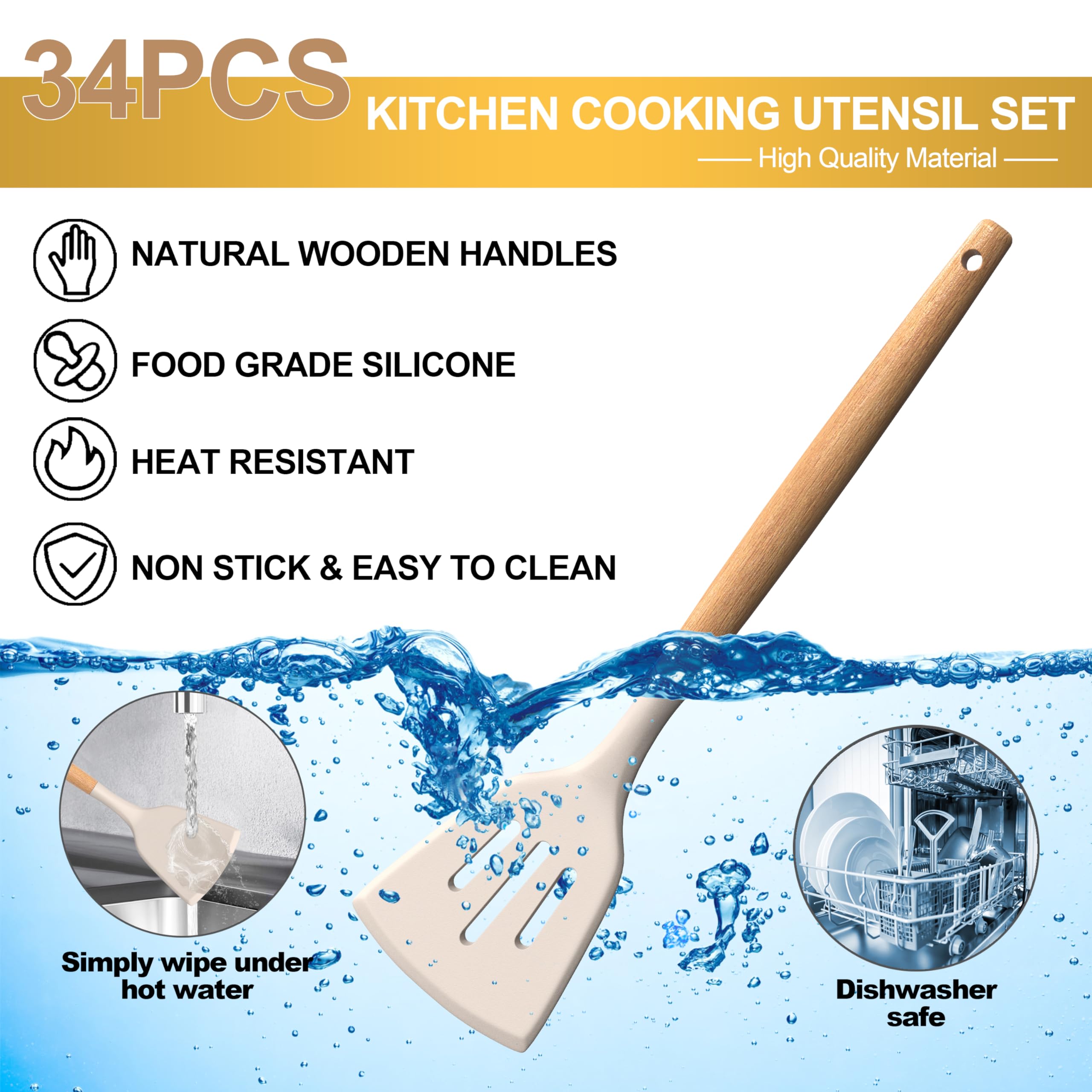 Juego de utensilios de cocina de silicona, 43 piezas antiadherentes resistentes al calor, juego de espátulas con mango de madera para hornear, cocinar y mezclar, las mejores herramientas de cocina con