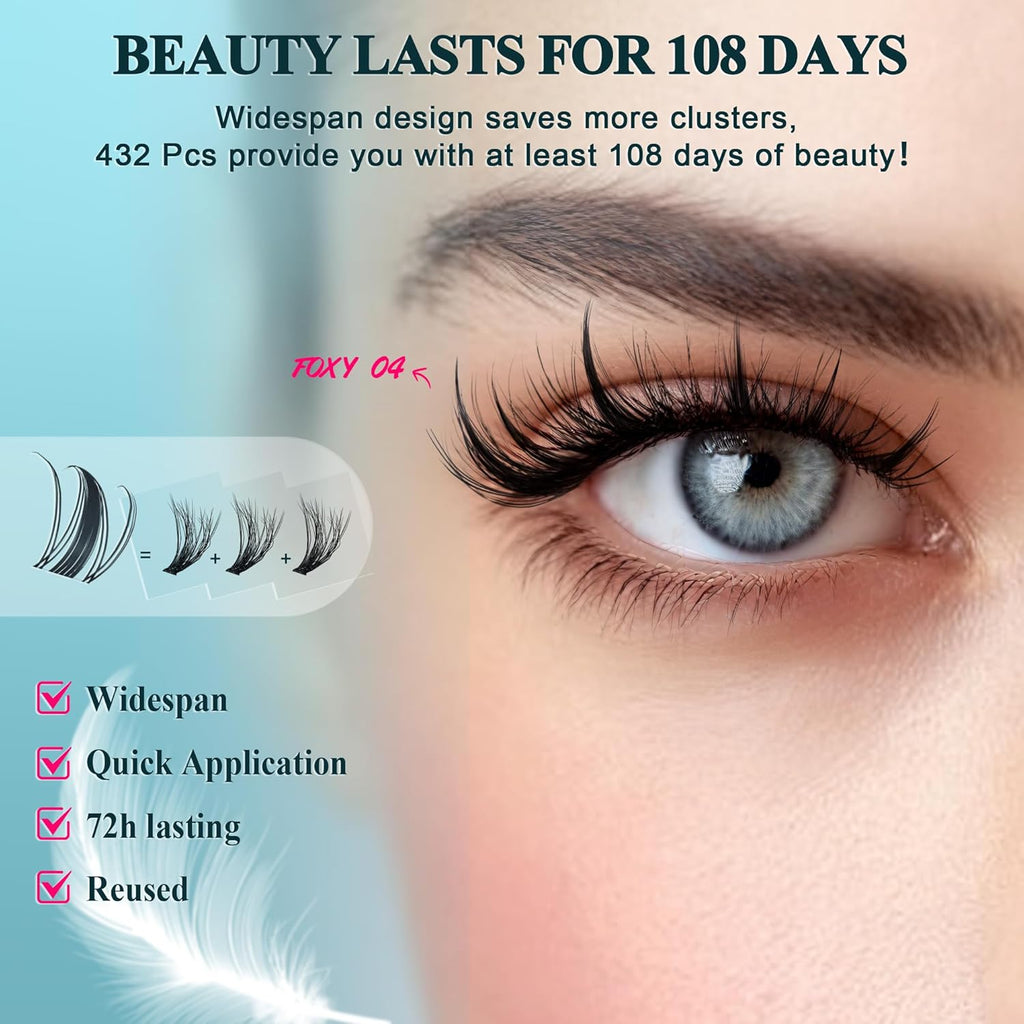 Foxy Beauty - Racimos de pestañas naturales – racimos de pestañas finas y esponjosas, extensiones de pestañas anchas con pestañas inferiores de bonificación
