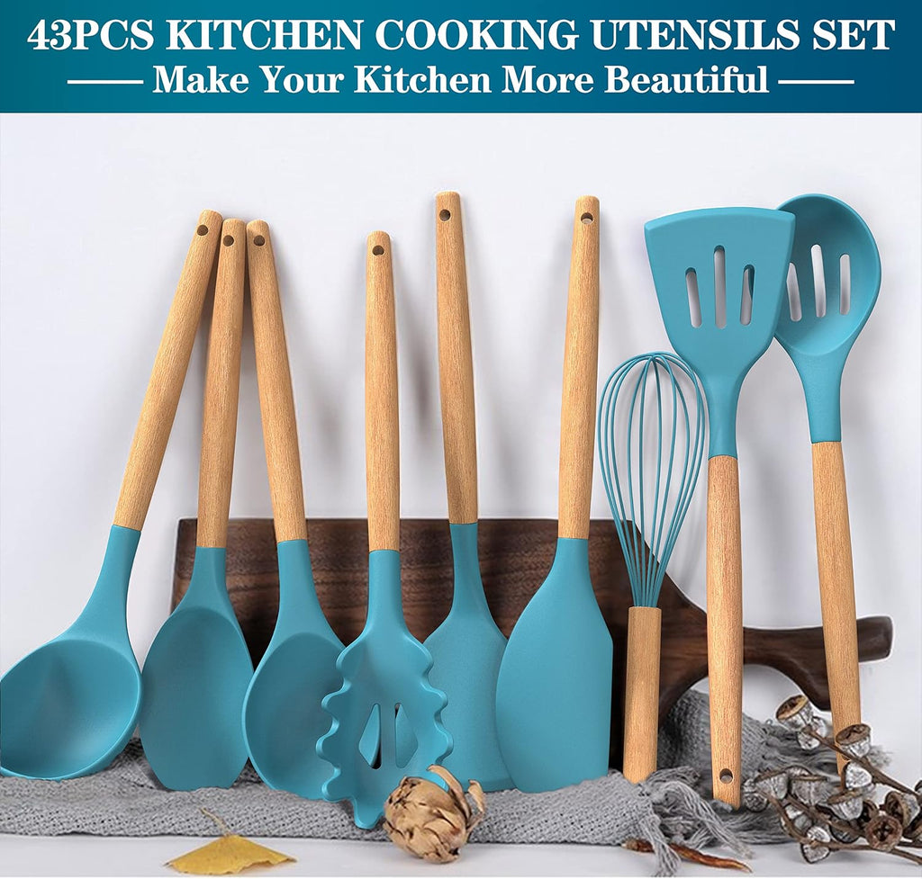 Juego de utensilios de cocina de silicona, 43 piezas antiadherentes resistentes al calor, juego de espátulas con mango de madera para hornear, cocinar y mezclar, las mejores herramientas de cocina con