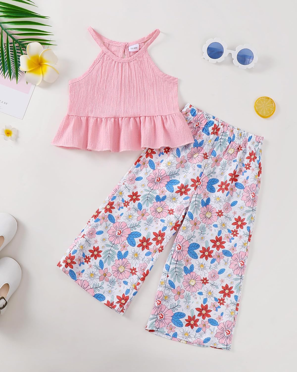Kucnuzki Ropa de bebé niña pequeña trajes de verano Cami volantes halter tops pantalones de pierna ancha niños conjunto de ropa floral