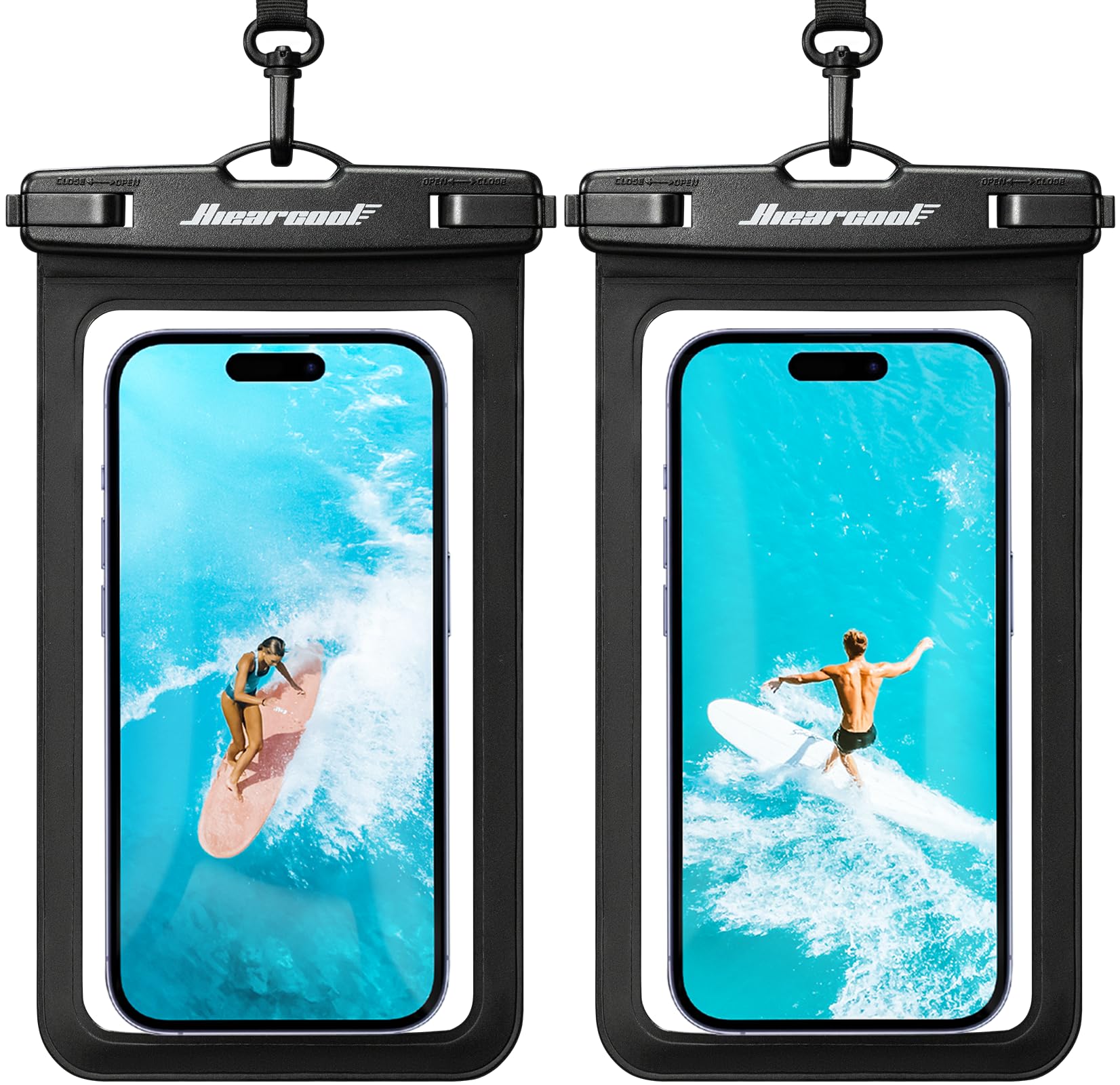 Hiearcool Funda impermeable IPX8 para iPhone 17/16/15/14 Pro Max, bolsa seca para teléfono celular para artículos esenciales de playa y crucero, pantalla táctil, cordón incluido, paquete de 2 (se adapta a hasta 8.9 pulgadas)