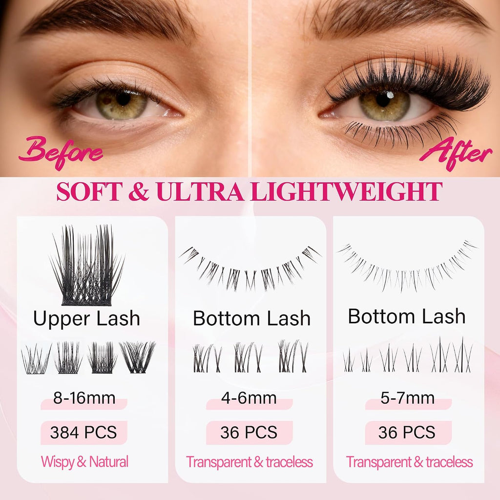 Foxy Beauty - Racimos de pestañas naturales – racimos de pestañas finas y esponjosas, extensiones de pestañas anchas con pestañas inferiores de bonificación