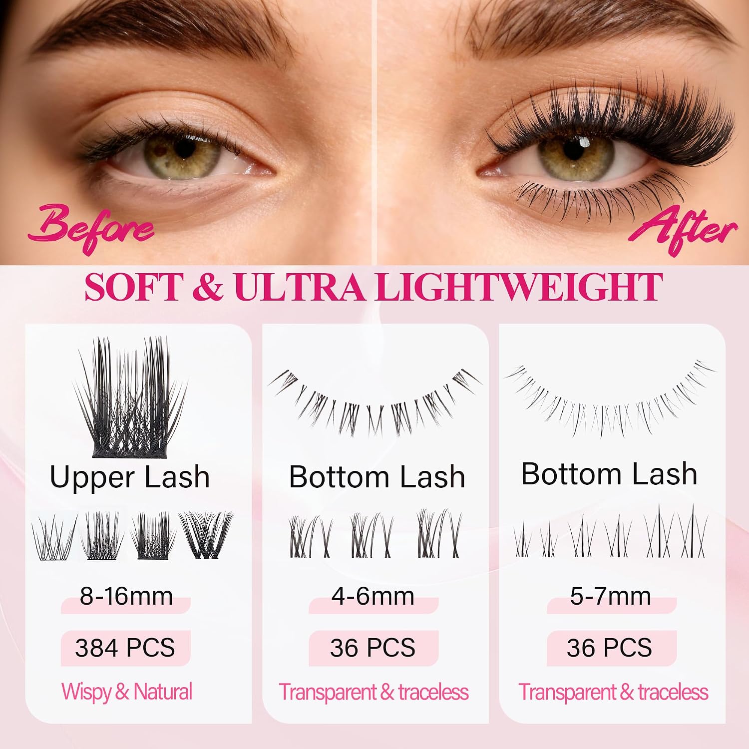 Foxy Beauty - Racimos de pestañas naturales – racimos de pestañas finas y esponjosas, extensiones de pestañas anchas con pestañas inferiores de bonificación