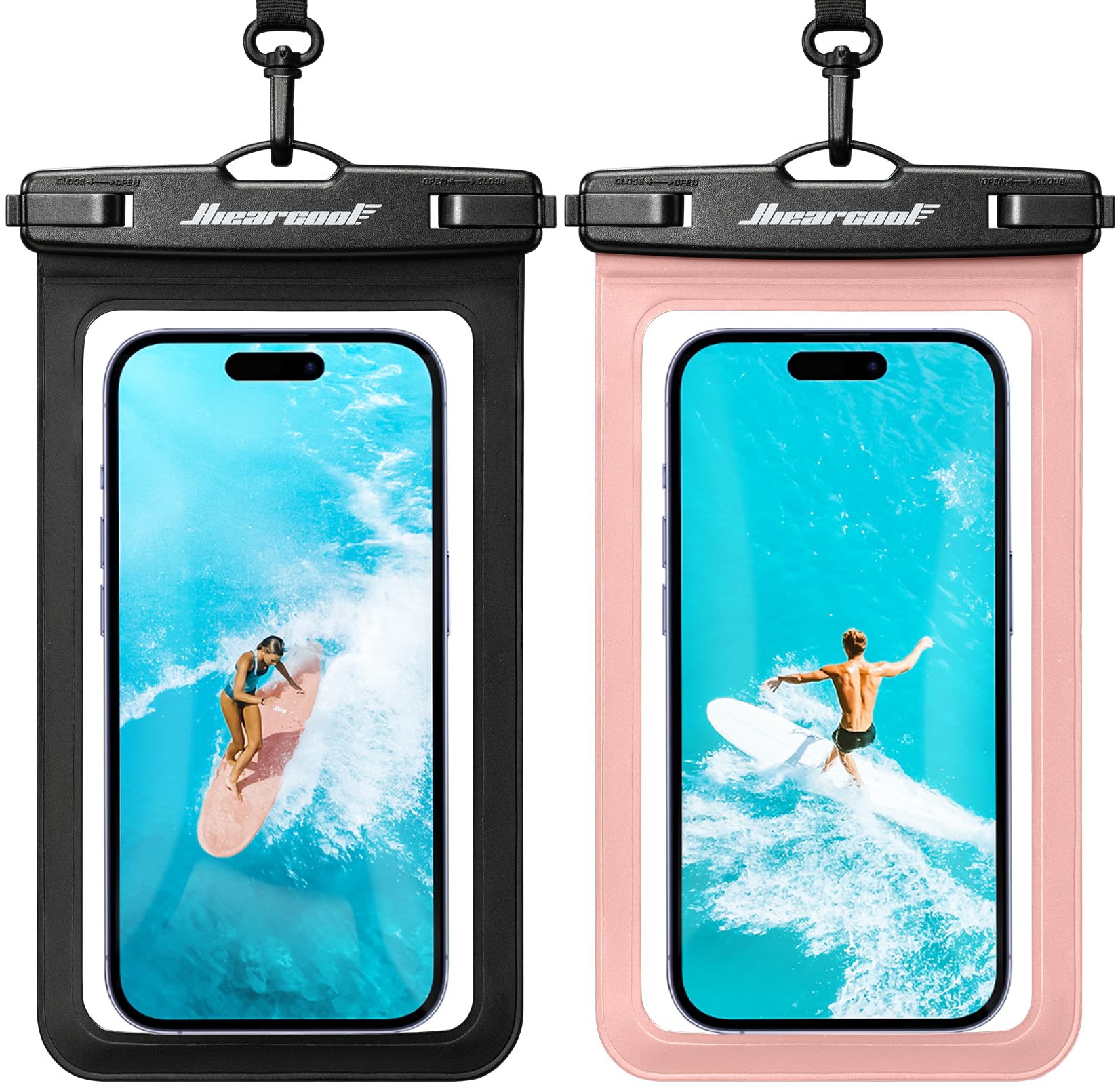 Hiearcool Funda impermeable IPX8 para iPhone 17/16/15/14 Pro Max, bolsa seca para teléfono celular para artículos esenciales de playa y crucero, pantalla táctil, cordón incluido, paquete de 2 (se adapta a hasta 8.9 pulgadas)