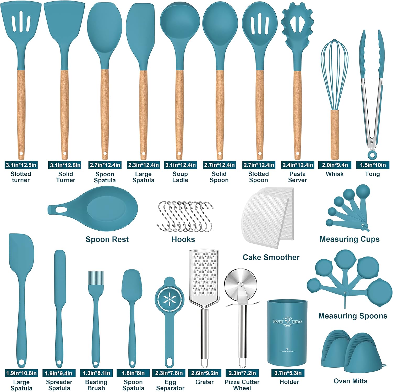 Juego de utensilios de cocina de silicona, 43 piezas antiadherentes resistentes al calor, juego de espátulas con mango de madera para hornear, cocinar y mezclar, las mejores herramientas de cocina con
