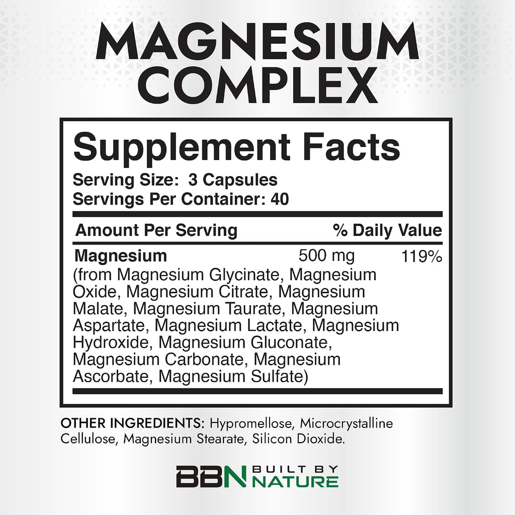 Built By Nature Complejo de magnesio de 500 mg, 120 cápsulas 12 formas de magnesio, glicinato, citrato, malato, óxido, quelado para absorción, músculo, nervio, corazón y apoyo para dormir