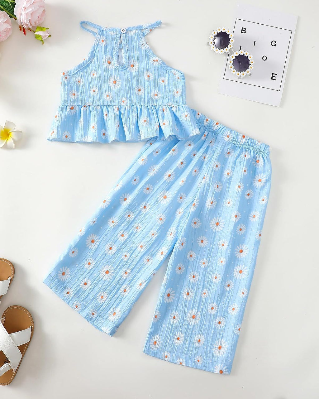 Kucnuzki Ropa de bebé niña pequeña trajes de verano Cami volantes halter tops pantalones de pierna ancha niños conjunto de ropa floral