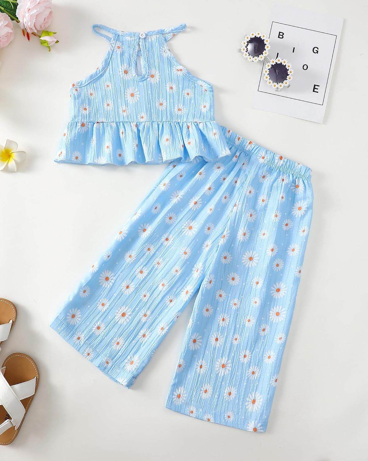 Kucnuzki Ropa de bebé niña pequeña trajes de verano Cami volantes halter tops pantalones de pierna ancha niños conjunto de ropa floral