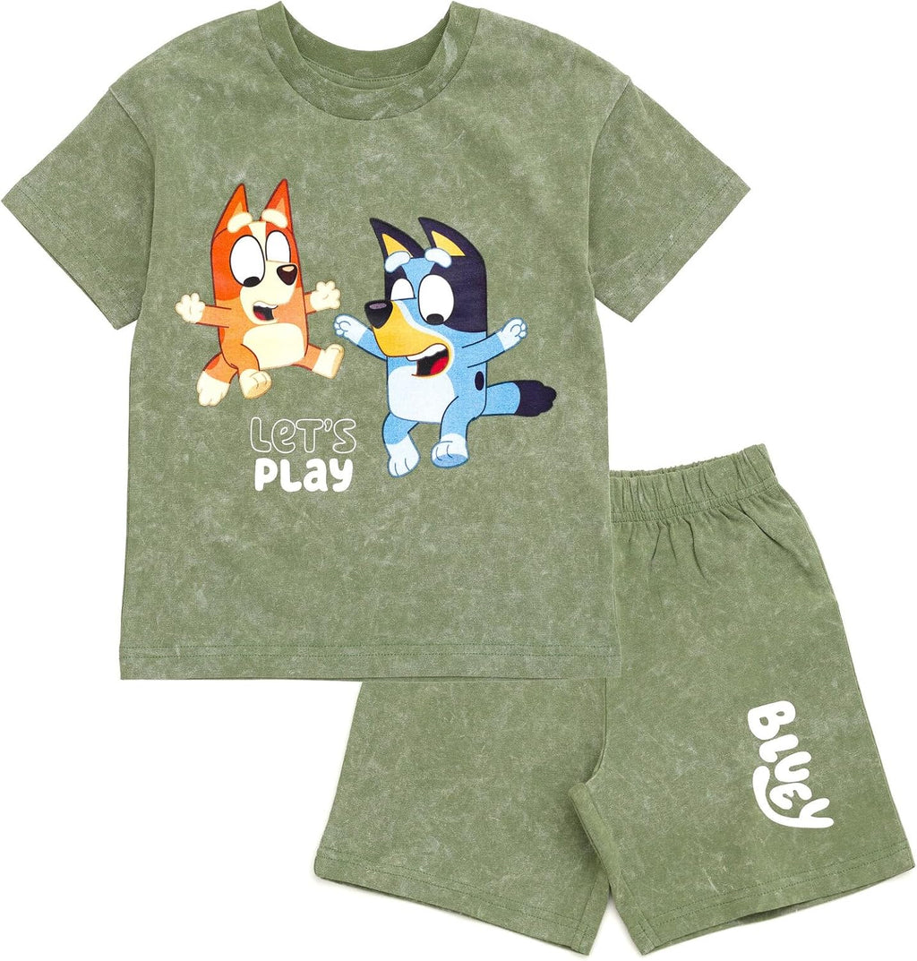 Bluey - Conjunto de camiseta con hombros caídos y pantalones cortos para niños de tamaños de bebé a grandes (2T - 10-12)