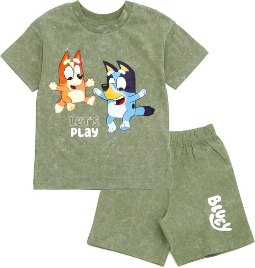 Bluey - Conjunto de camiseta con hombros caídos y pantalones cortos para niños de tamaños de bebé a grandes (2T - 10-12)
