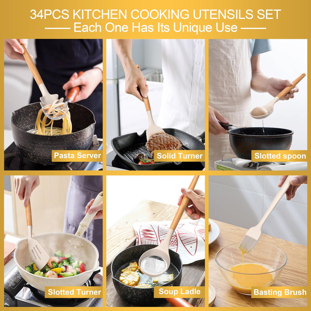 Juego de utensilios de cocina de silicona, 43 piezas antiadherentes resistentes al calor, juego de espátulas con mango de madera para hornear, cocinar y mezclar, las mejores herramientas de cocina con