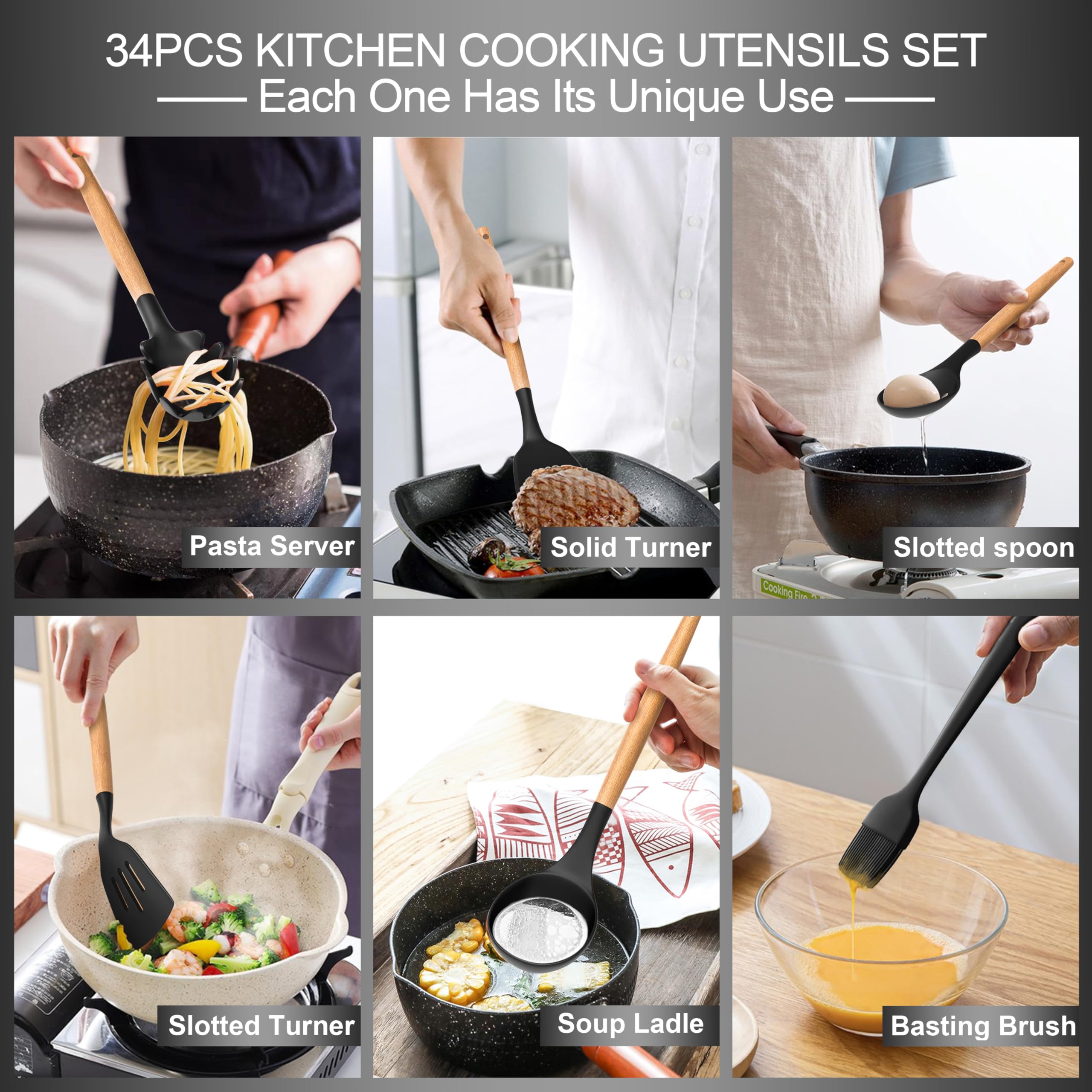 Juego de utensilios de cocina de silicona, 43 piezas antiadherentes resistentes al calor, juego de espátulas con mango de madera para hornear, cocinar y mezclar, las mejores herramientas de cocina con