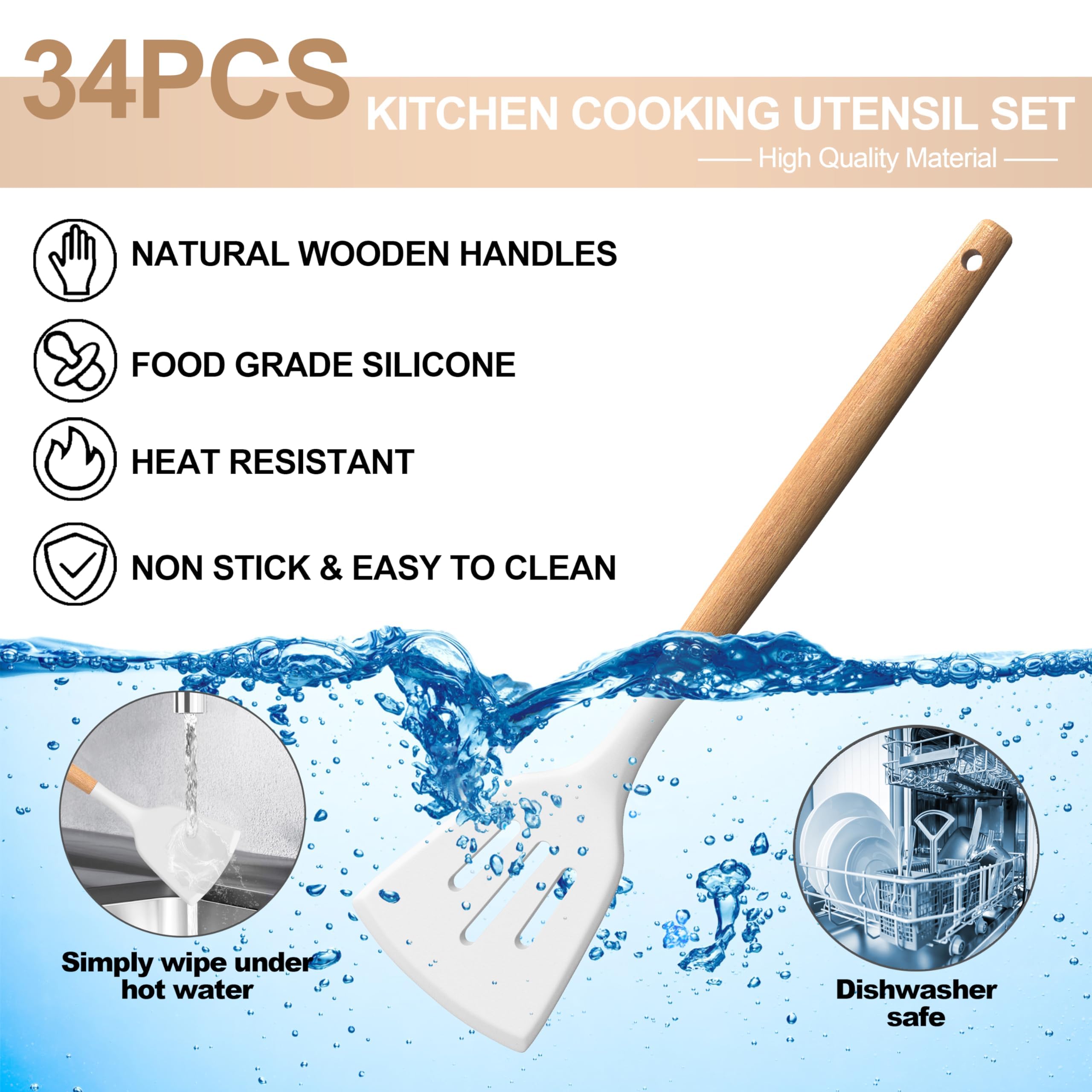 Juego de utensilios de cocina de silicona, 43 piezas antiadherentes resistentes al calor, juego de espátulas con mango de madera para hornear, cocinar y mezclar, las mejores herramientas de cocina con