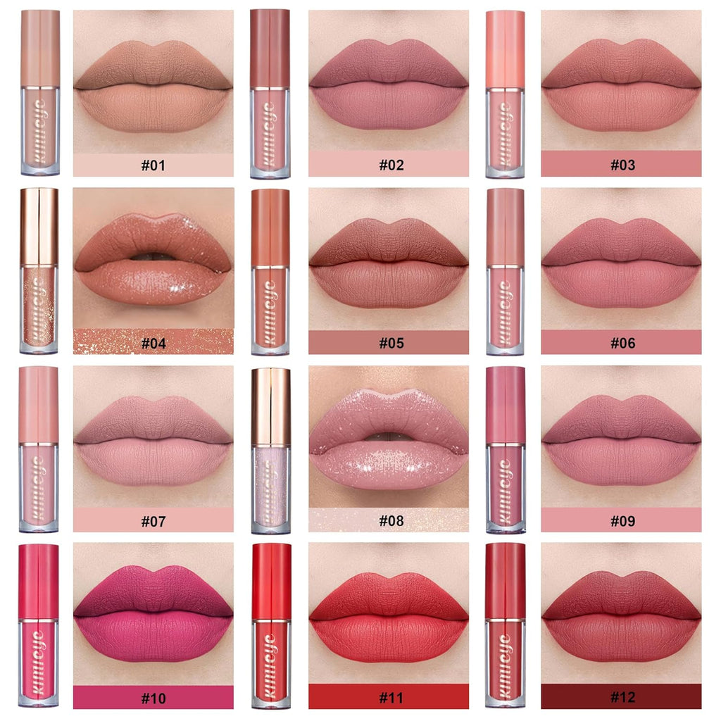 12Pcs Liquid Lipstick Set, Shades with Matte Gloss Lip Tint, Set A | Waterproof, Long Lasting, Quick-drying, Non-Stick Cup, Up to 12H Wear, Professional Lip Makeup Gift Kit