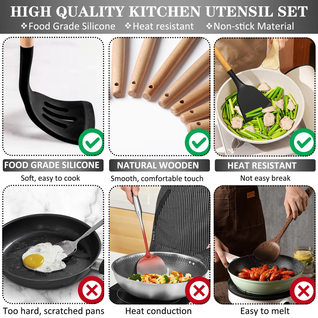 Juego de utensilios de cocina de silicona, 43 piezas antiadherentes resistentes al calor, juego de espátulas con mango de madera para hornear, cocinar y mezclar, las mejores herramientas de cocina con