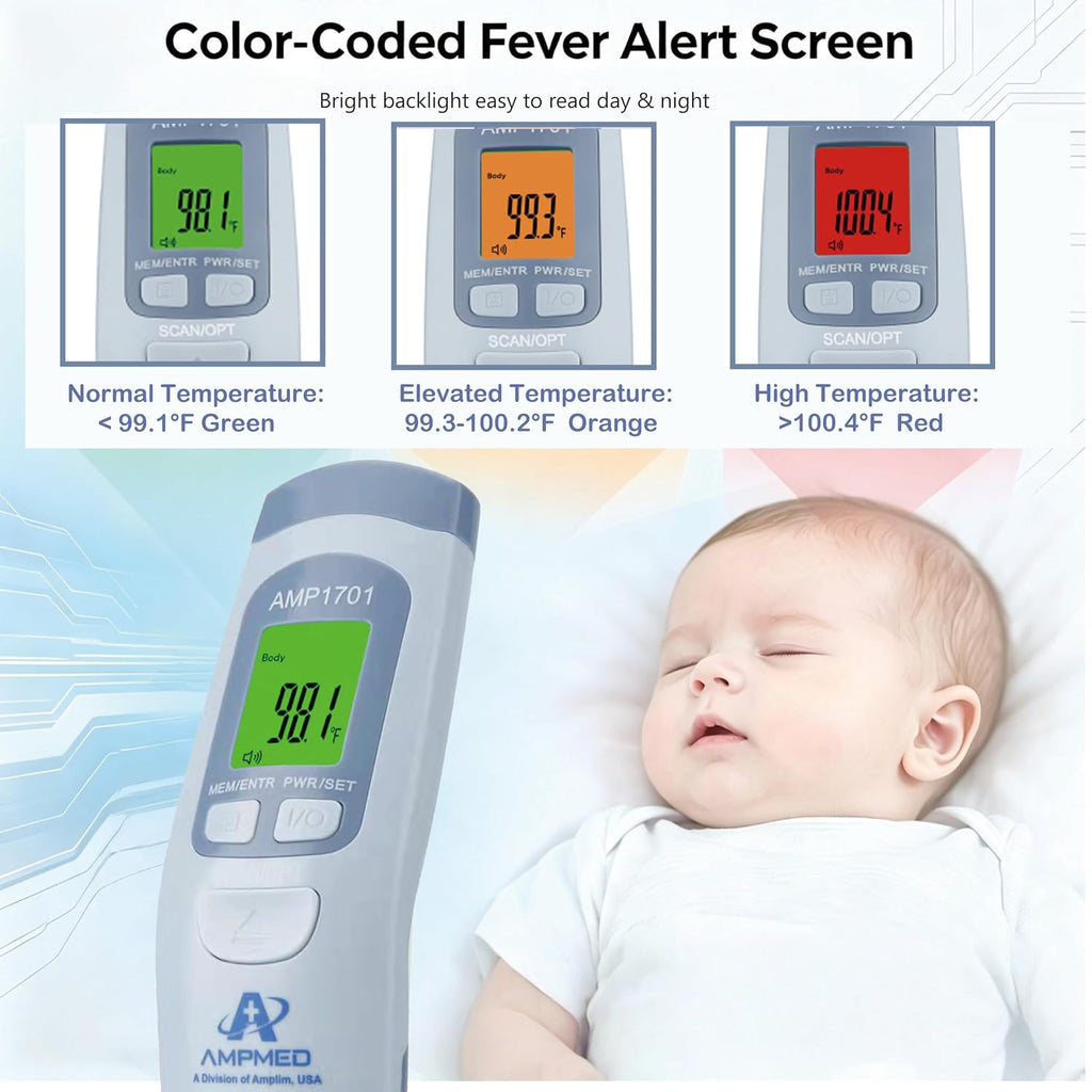 Termómetro de frente de grado médico Amplim para adultos, niños, bebés, termómetro infrarrojo digital sin contacto, lectura instantánea, detección precisa y rápida de fiebre, para uso en casa, clínica | Para adultos, niños, bebés, detección digital de fie
