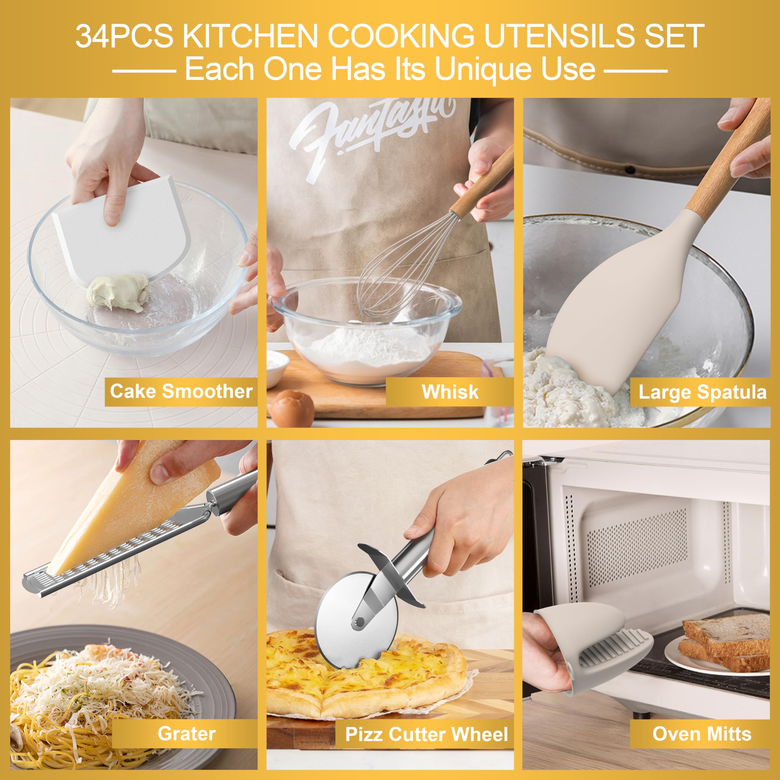 Juego de utensilios de cocina de silicona, 43 piezas antiadherentes resistentes al calor, juego de espátulas con mango de madera para hornear, cocinar y mezclar, las mejores herramientas de cocina con