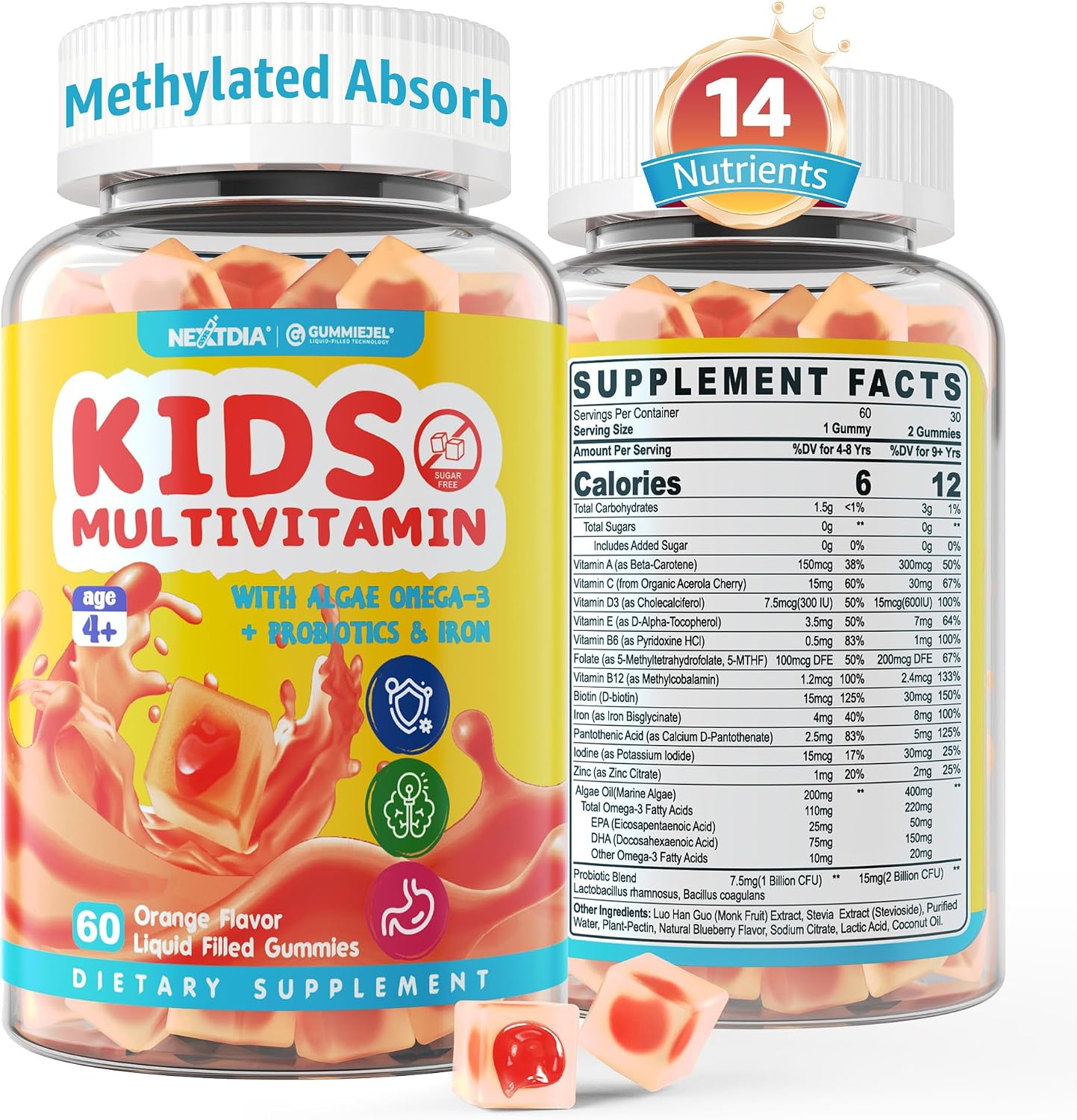 Gomitas multivitamínicas para niños con hierro, sin azúcar, vitaminas diarias para niños + probióticos, Omega 3 de algas (EPA/DHA), A, C, D, metil B12, folato, B6, zinc, biotina, para crecimiento | Daily Vitamins + Algae Omega 3(DHA & EPA), Probiotics, D3