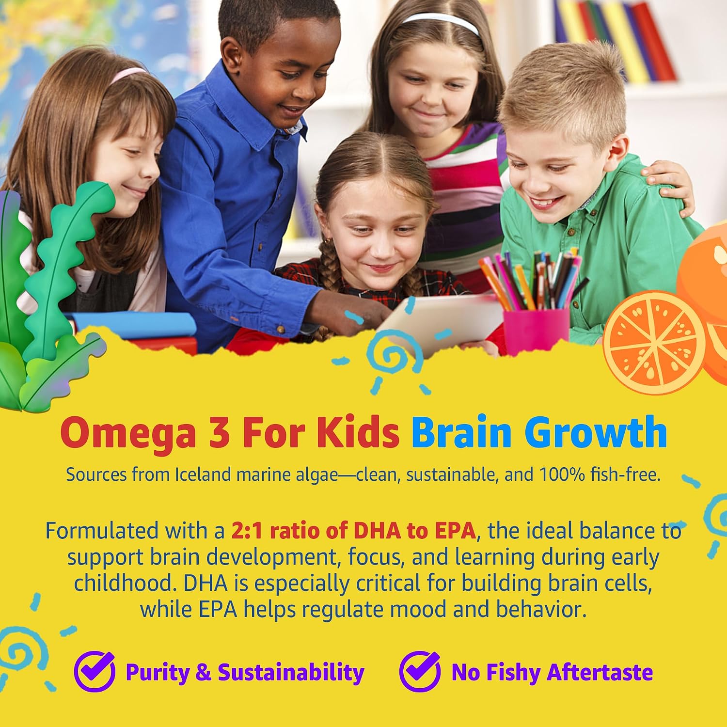 Gomitas multivitamínicas para niños con hierro, sin azúcar, vitaminas diarias para niños + probióticos, Omega 3 de algas (EPA/DHA), A, C, D, metil B12, folato, B6, zinc, biotina, para crecimiento | Daily Vitamins + Algae Omega 3(DHA & EPA), Probiotics, D3