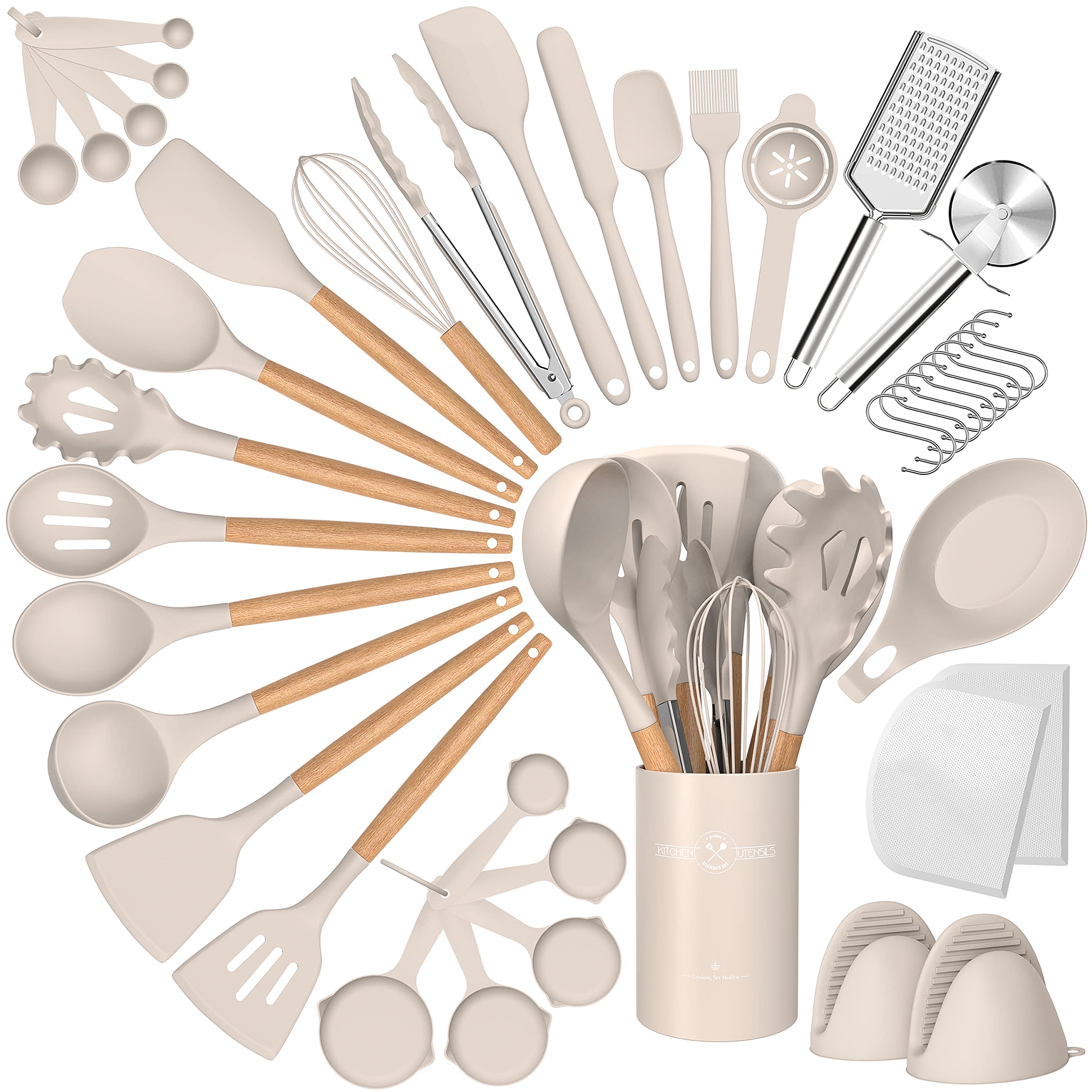 Juego de utensilios de cocina de silicona, 43 piezas antiadherentes resistentes al calor, juego de espátulas con mango de madera para hornear, cocinar y mezclar, las mejores herramientas de cocina con