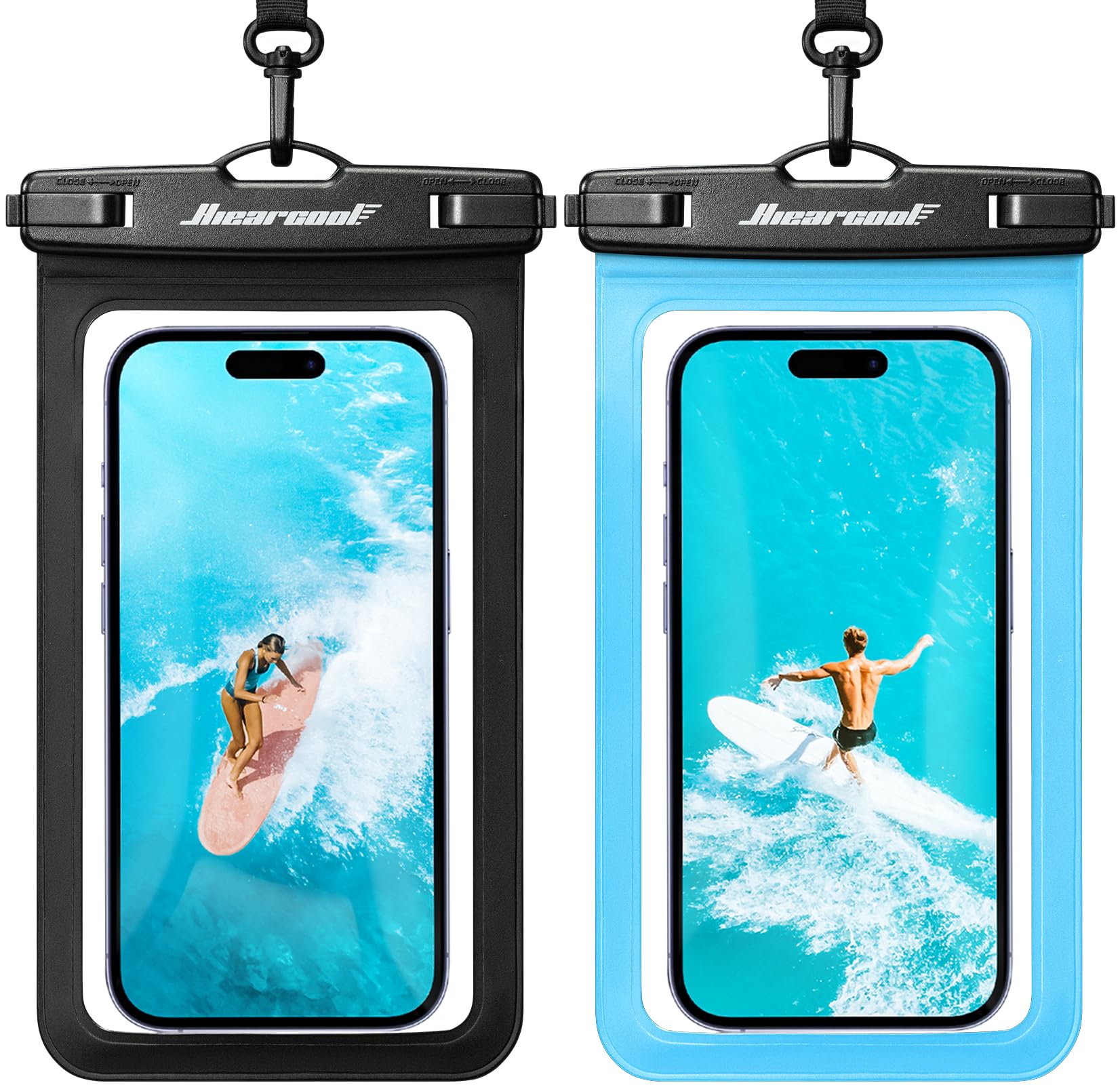 Hiearcool Funda impermeable IPX8 para iPhone 17/16/15/14 Pro Max, bolsa seca para teléfono celular para artículos esenciales de playa y crucero, pantalla táctil, cordón incluido, paquete de 2 (se adapta a hasta 8.9 pulgadas)