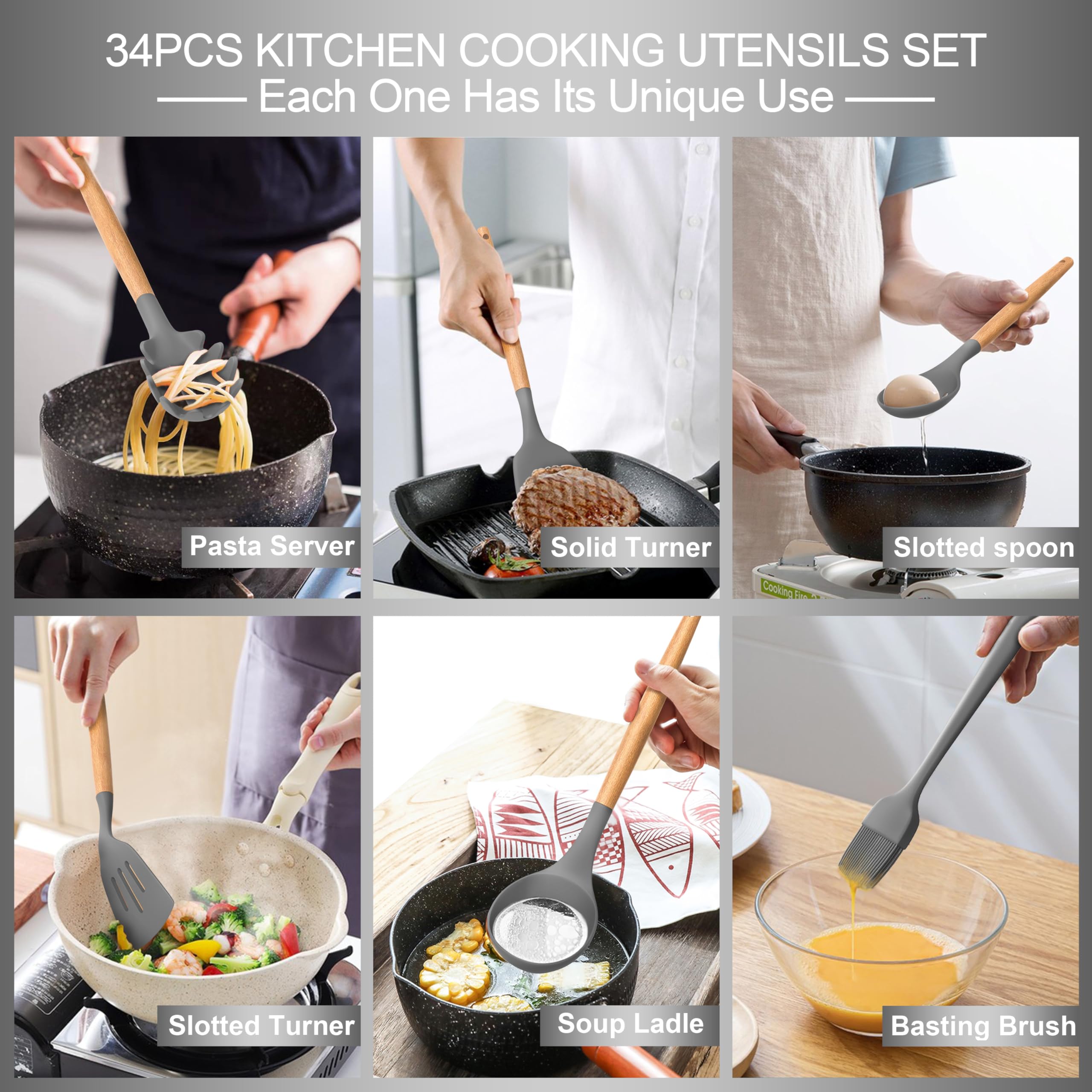 Juego de utensilios de cocina de silicona, 43 piezas antiadherentes resistentes al calor, juego de espátulas con mango de madera para hornear, cocinar y mezclar, las mejores herramientas de cocina con