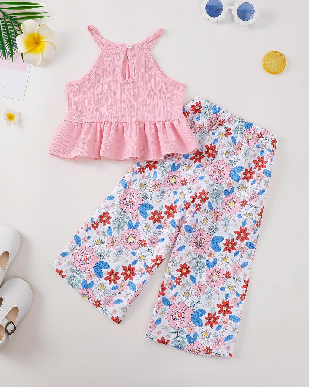 Kucnuzki Ropa de bebé niña pequeña trajes de verano Cami volantes halter tops pantalones de pierna ancha niños conjunto de ropa floral