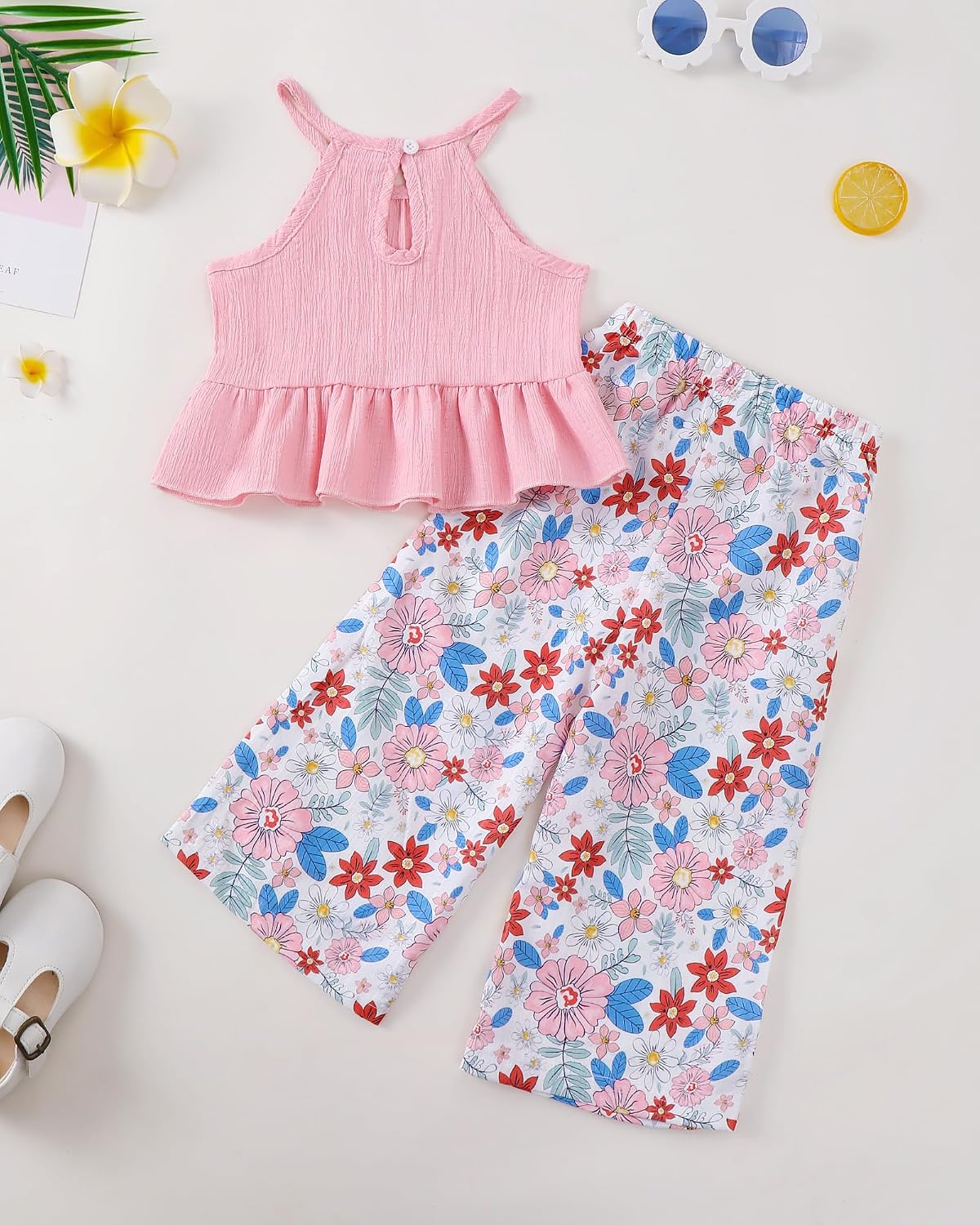 Kucnuzki Ropa de bebé niña pequeña trajes de verano Cami volantes halter tops pantalones de pierna ancha niños conjunto de ropa floral