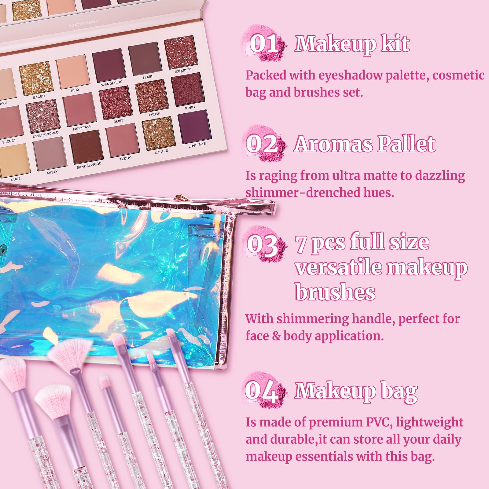 UCANBE Kit de paleta de sombra de ojos profesional de 18 colores con aroma desnudo, larga duración, multi brillo reflectante mate con brillo prensado, perlas de sombra de ojos, maquillaje en polvo