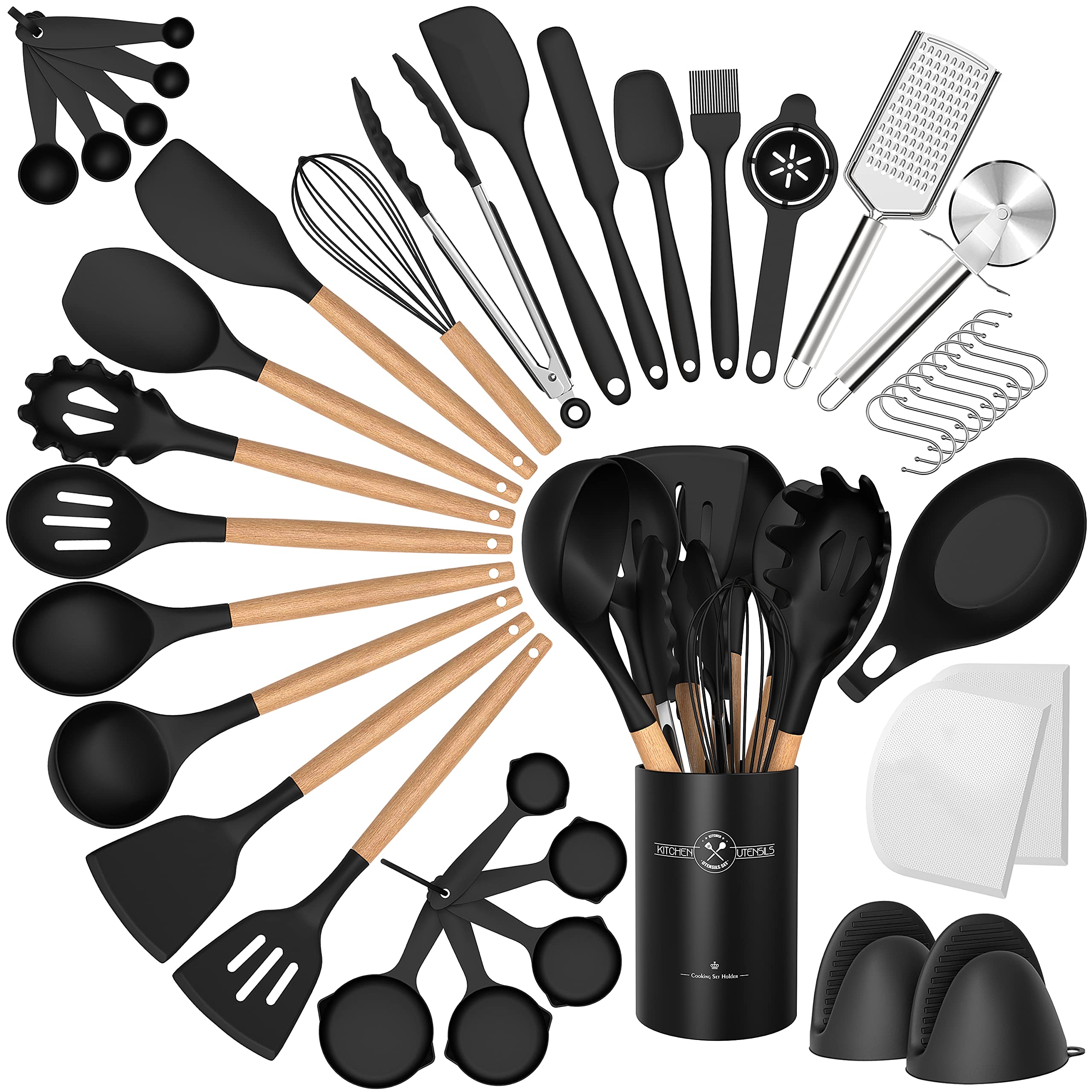 Juego de utensilios de cocina de silicona, 43 piezas antiadherentes resistentes al calor, juego de espátulas con mango de madera para hornear, cocinar y mezclar, las mejores herramientas de cocina con