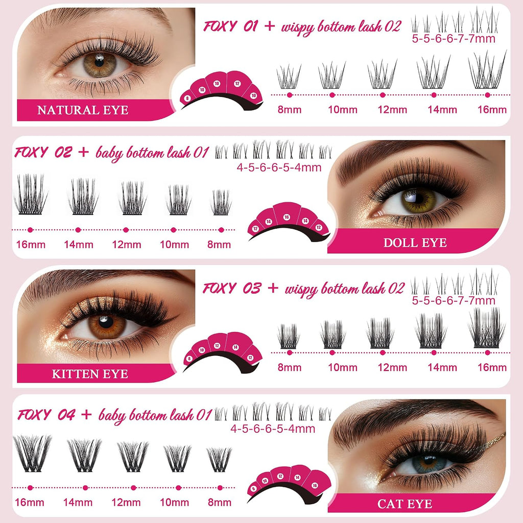 Foxy Beauty - Racimos de pestañas naturales – racimos de pestañas finas y esponjosas, extensiones de pestañas anchas con pestañas inferiores de bonificación