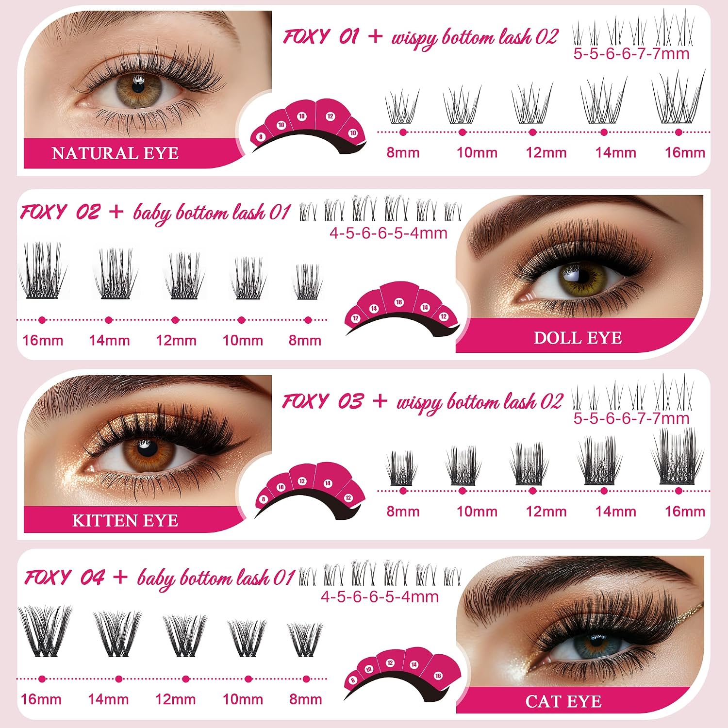 Foxy Beauty - Racimos de pestañas naturales – racimos de pestañas finas y esponjosas, extensiones de pestañas anchas con pestañas inferiores de bonificación