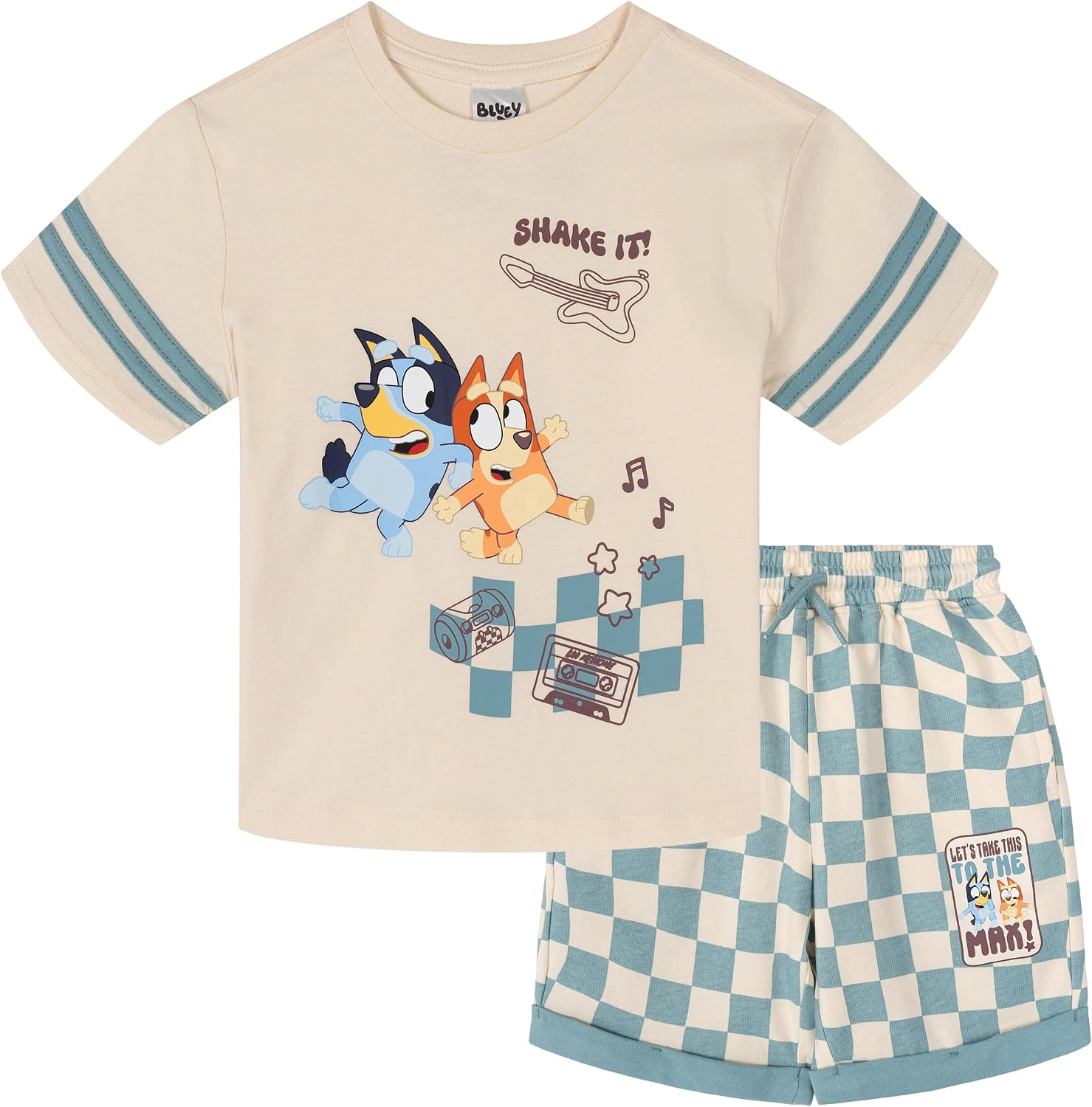 Bluey - Conjunto de camiseta con hombros caídos y pantalones cortos para niños de tamaños de bebé a grandes (2T - 10-12)