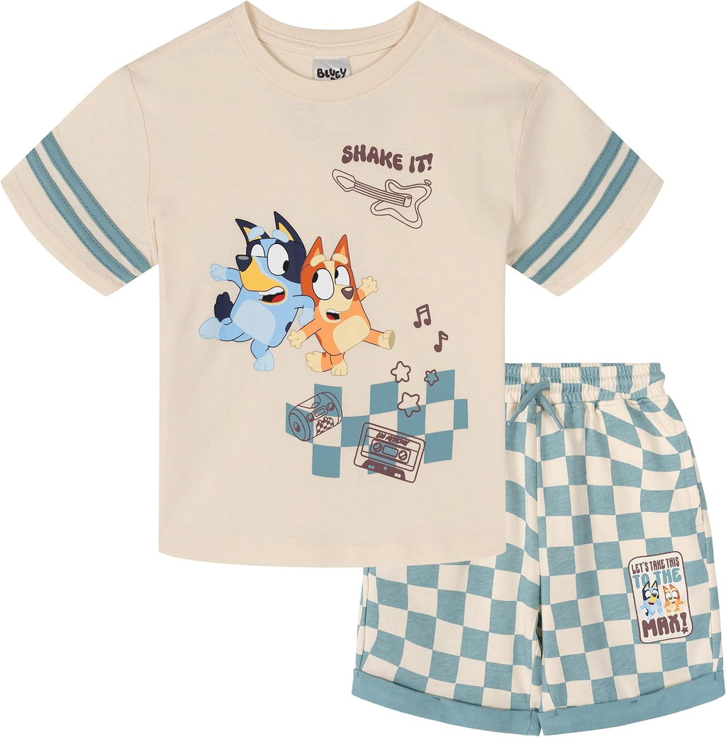 Bluey - Conjunto de camiseta con hombros caídos y pantalones cortos para niños de tamaños de bebé a grandes (2T - 10-12)