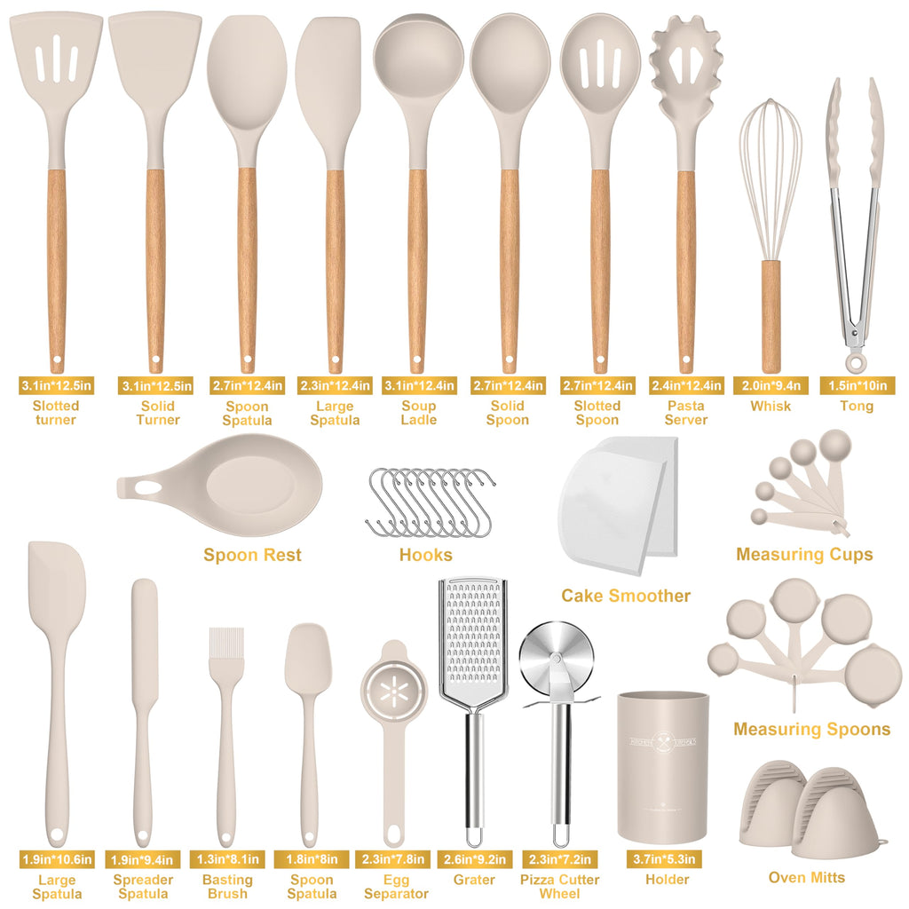 Juego de utensilios de cocina de silicona, 43 piezas antiadherentes resistentes al calor, juego de espátulas con mango de madera para hornear, cocinar y mezclar, las mejores herramientas de cocina con