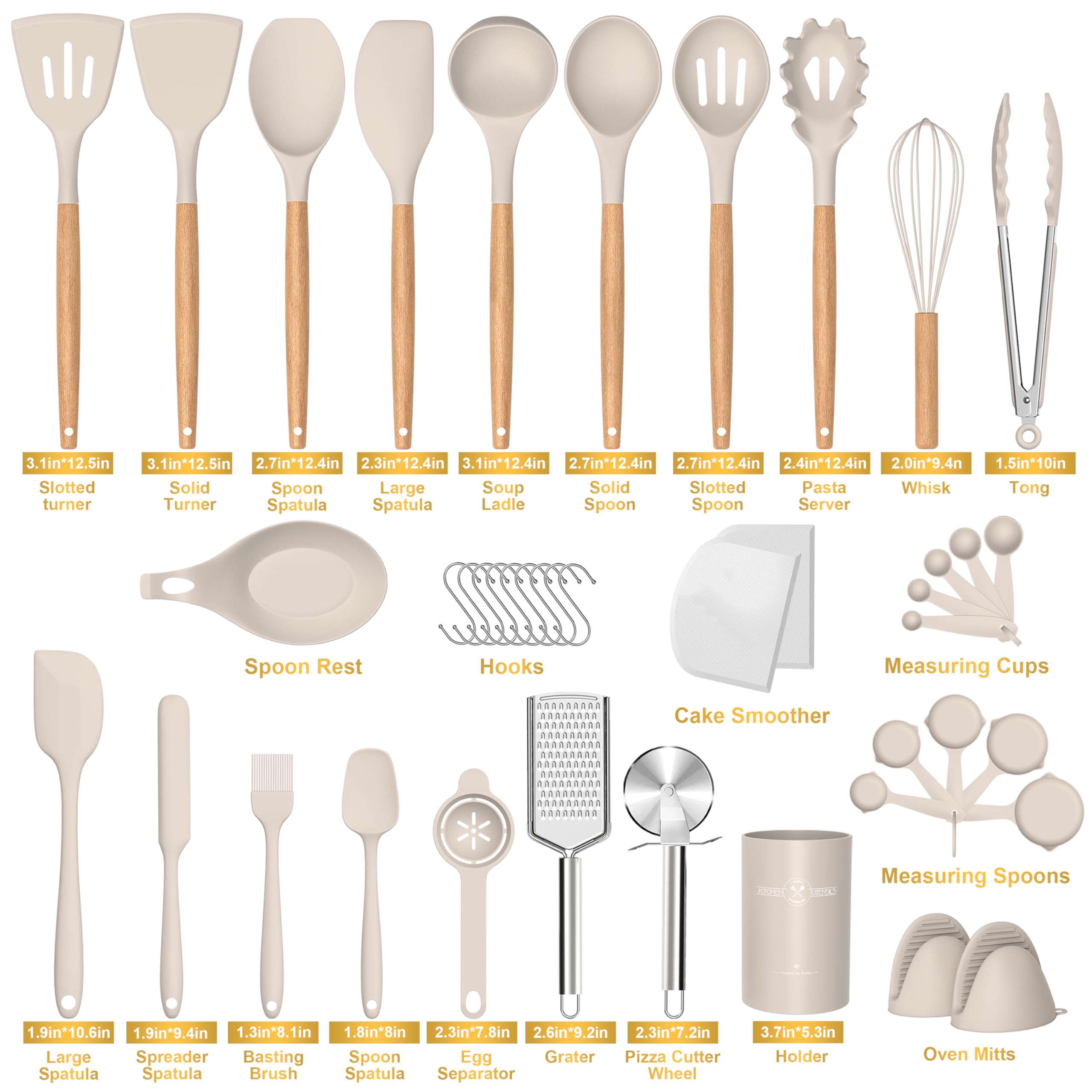 Juego de utensilios de cocina de silicona, 43 piezas antiadherentes resistentes al calor, juego de espátulas con mango de madera para hornear, cocinar y mezclar, las mejores herramientas de cocina con