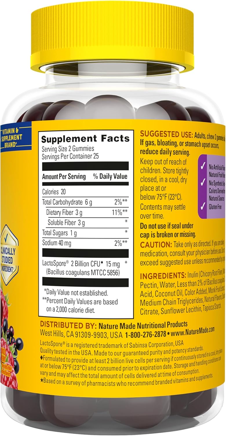 Nature Made - Gomitas de fibra probióticas + prebióticas para la salud intestinal diaria, suplemento de soporte digestivo con probióticos y fibra, 50 gomitas, suministro para 25 días | Fiber Supplement for Daily Gut Health, Prebiotics and Probiotics for W