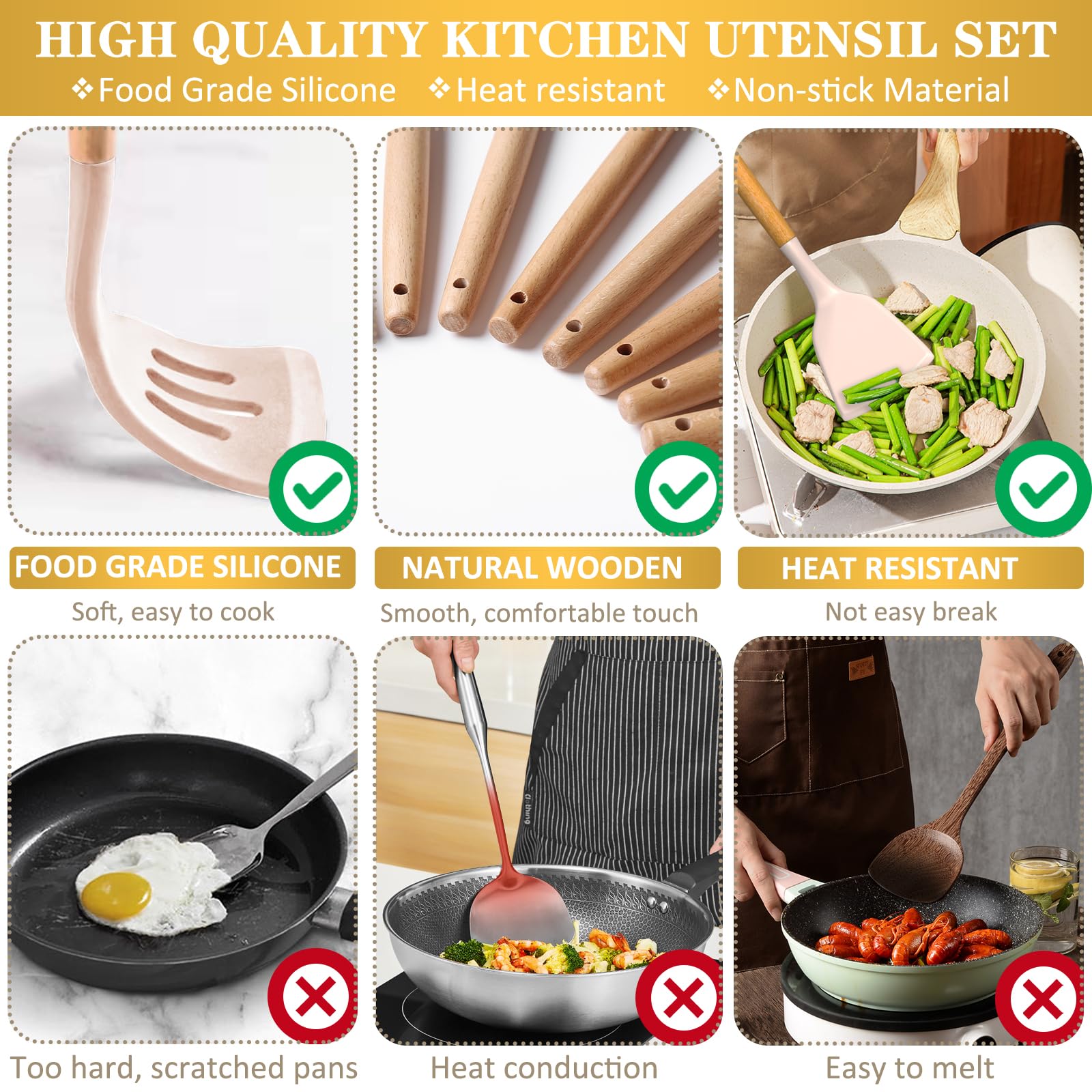 Juego de utensilios de cocina de silicona, 43 piezas antiadherentes resistentes al calor, juego de espátulas con mango de madera para hornear, cocinar y mezclar, las mejores herramientas de cocina con