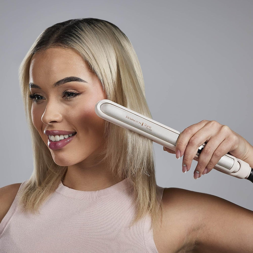Remington Shine Therapy - Alisadora de cabello de 2 pulgadas, plancha alisadora infundida con aceite de argán y queratina, plancha alisadora profesional de cerámica para menos frizz, herramientas de | Ceramic flat iron plates infused with Argan Oil and Ke