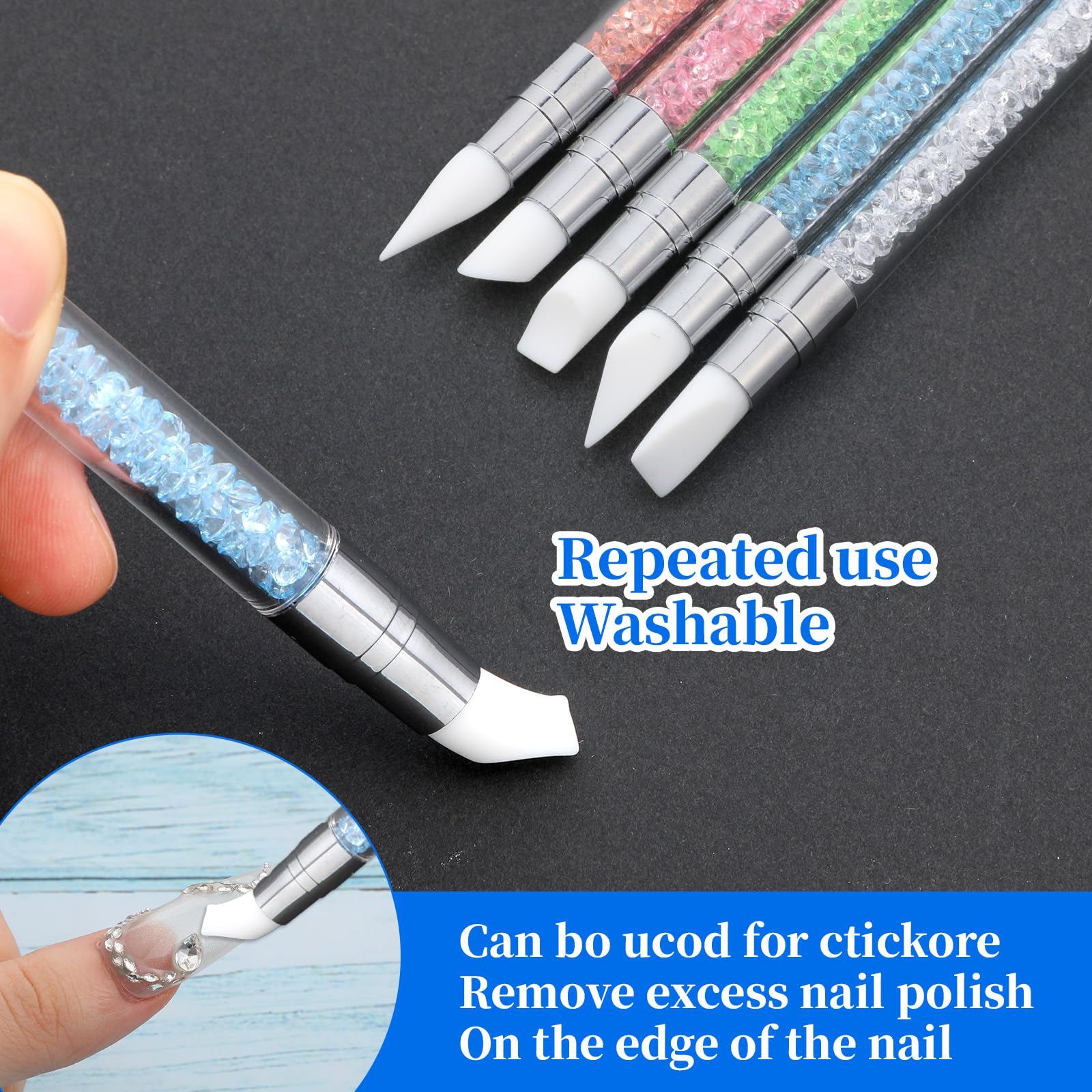 3 bolígrafos de escultura para arte de uñas, herramientas de uñas de silicona de doble punta, cabeza de silicona, pinceles de arte de uñas con mango acrílico, bolígrafo de tallado de esmalte de uñas | Silicone Head Acrylic Handle Nail Art Brushes, Rhinest