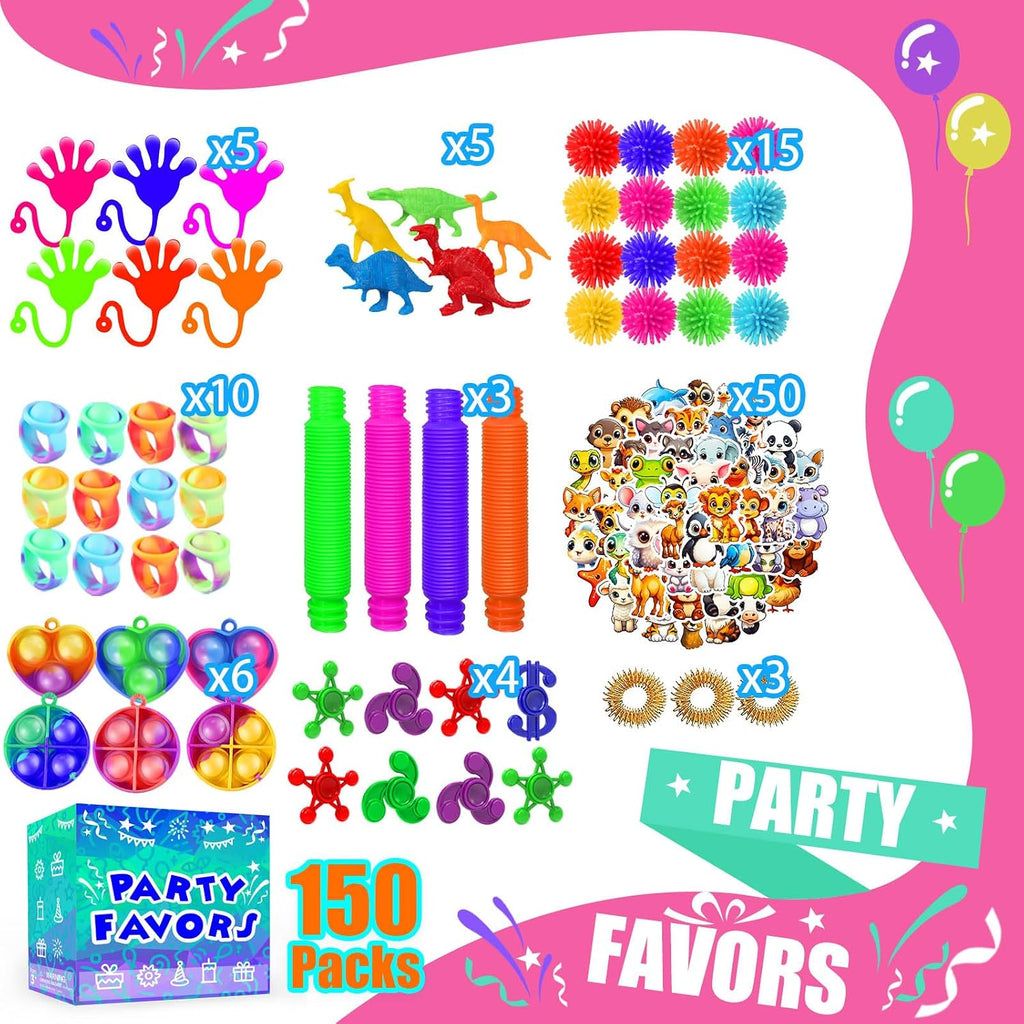 Recuerdos de fiesta para niños de 8-12 y 4-8 años, paquete de 150 juguetes fidget a granel, juguetes de caja del tesoro para el aula, rellenos para calcetines, bolsas de dulces, premios de aula