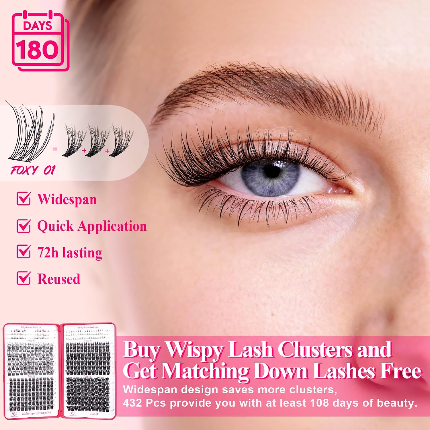 Foxy Beauty - Racimos de pestañas naturales – racimos de pestañas finas y esponjosas, extensiones de pestañas anchas con pestañas inferiores de bonificación
