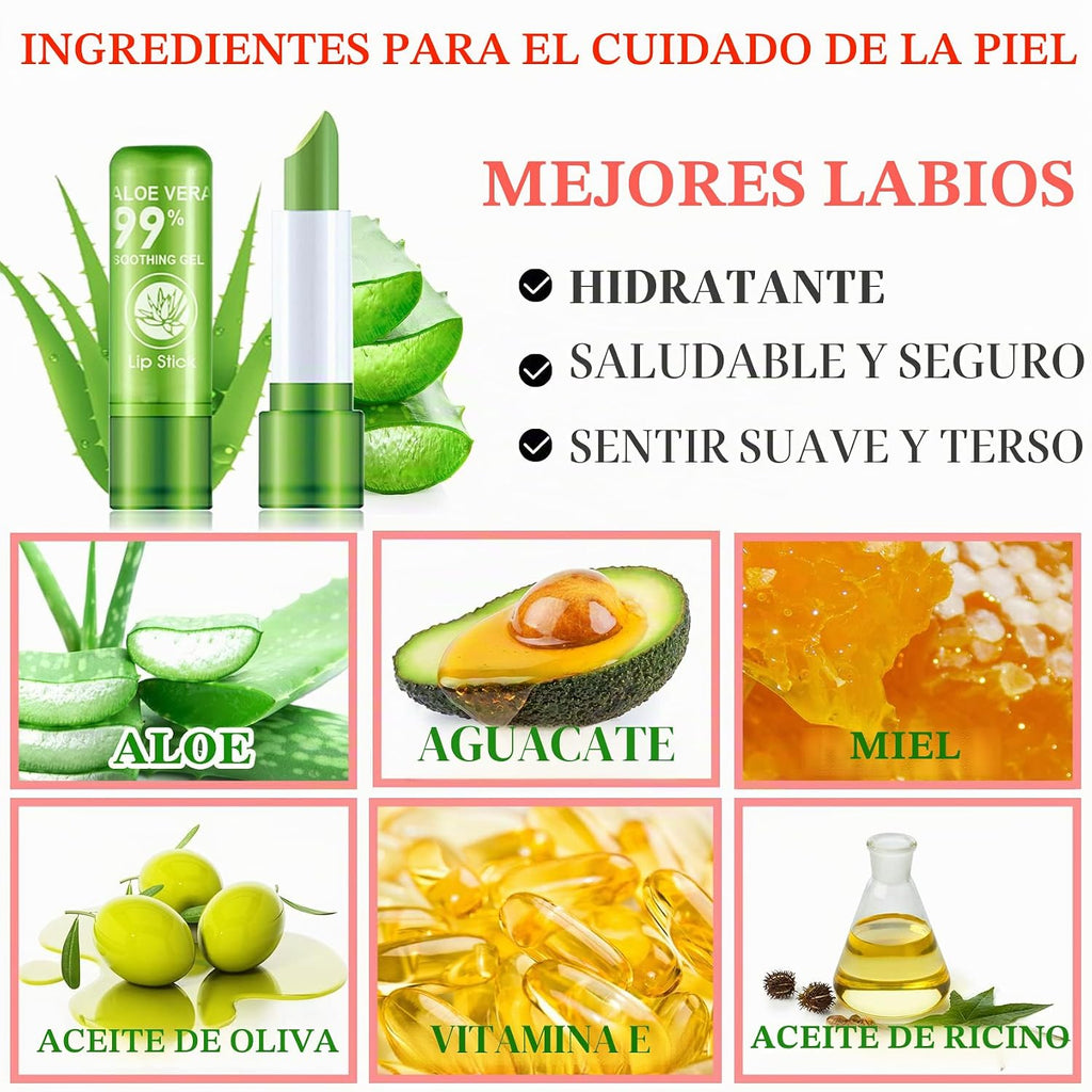Labial de aloe vera, cuidado labial de larga duración, bálsamo labial nutritivo y voluminizador, brillo labial, cambio de color mágico con temperatura, 3 unidades