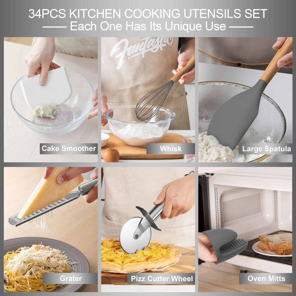 Juego de utensilios de cocina de silicona, 43 piezas antiadherentes resistentes al calor, juego de espátulas con mango de madera para hornear, cocinar y mezclar, las mejores herramientas de cocina con