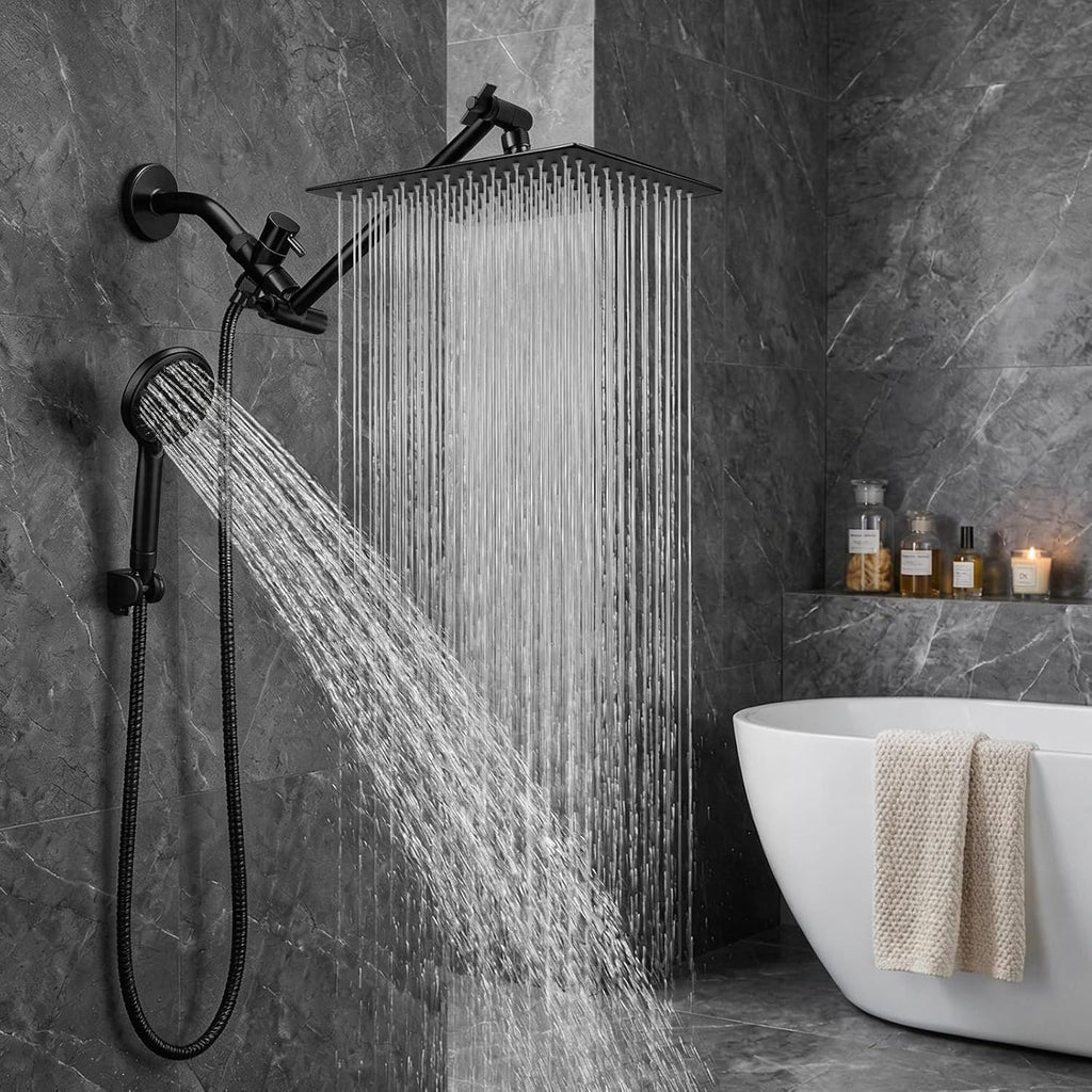 Cabezal de ducha de alta presión de 10 pulgadas, cabezal de ducha de mano con brazo de extensión de 11 pulgadas, cabezal antifugas de 9 ajustes con soporte, altura/ángulo ajustable, cromo, negro mate | 9 Settings, Anti-leak Shower Head with 11'' Extension