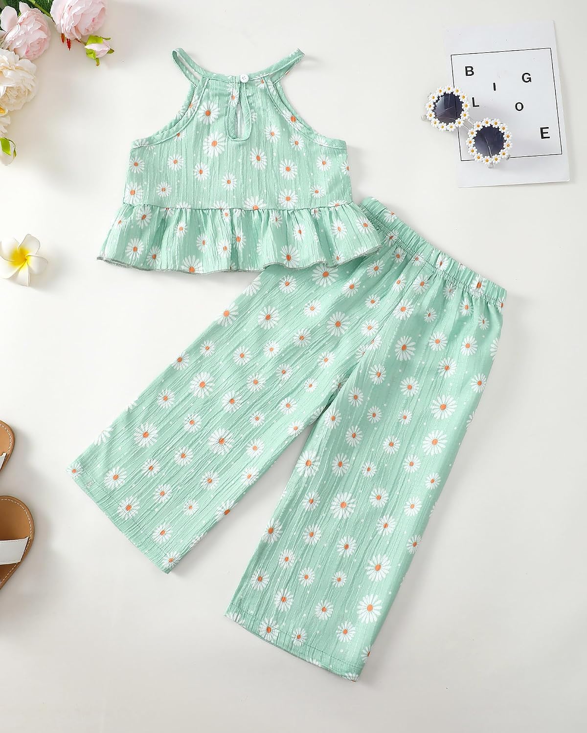 Kucnuzki Ropa de bebé niña pequeña trajes de verano Cami volantes halter tops pantalones de pierna ancha niños conjunto de ropa floral