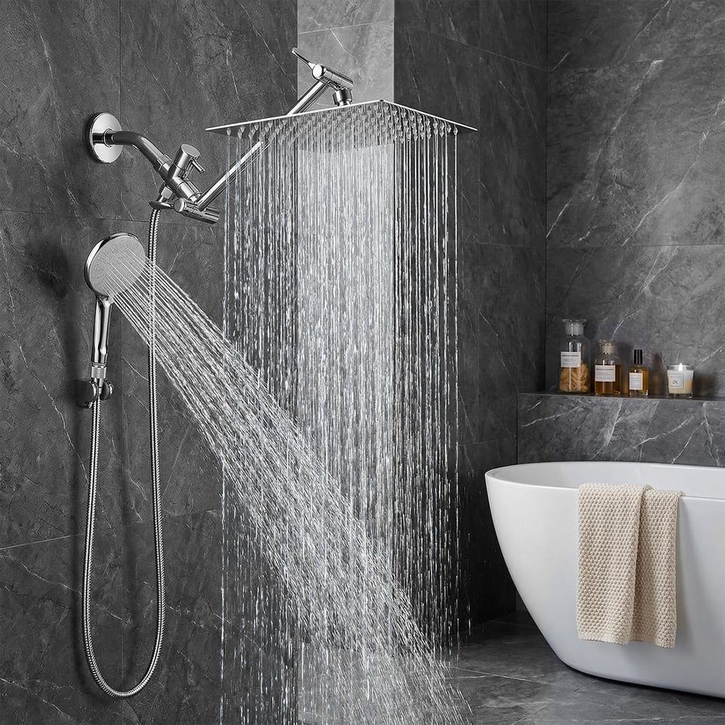 Cabezal de ducha de alta presión de 10 pulgadas, cabezal de ducha de mano con brazo de extensión de 11 pulgadas, cabezal antifugas de 9 ajustes con soporte, altura/ángulo ajustable, cromo, negro mate | 9 Settings, Anti-leak Shower Head with 11'' Extension
